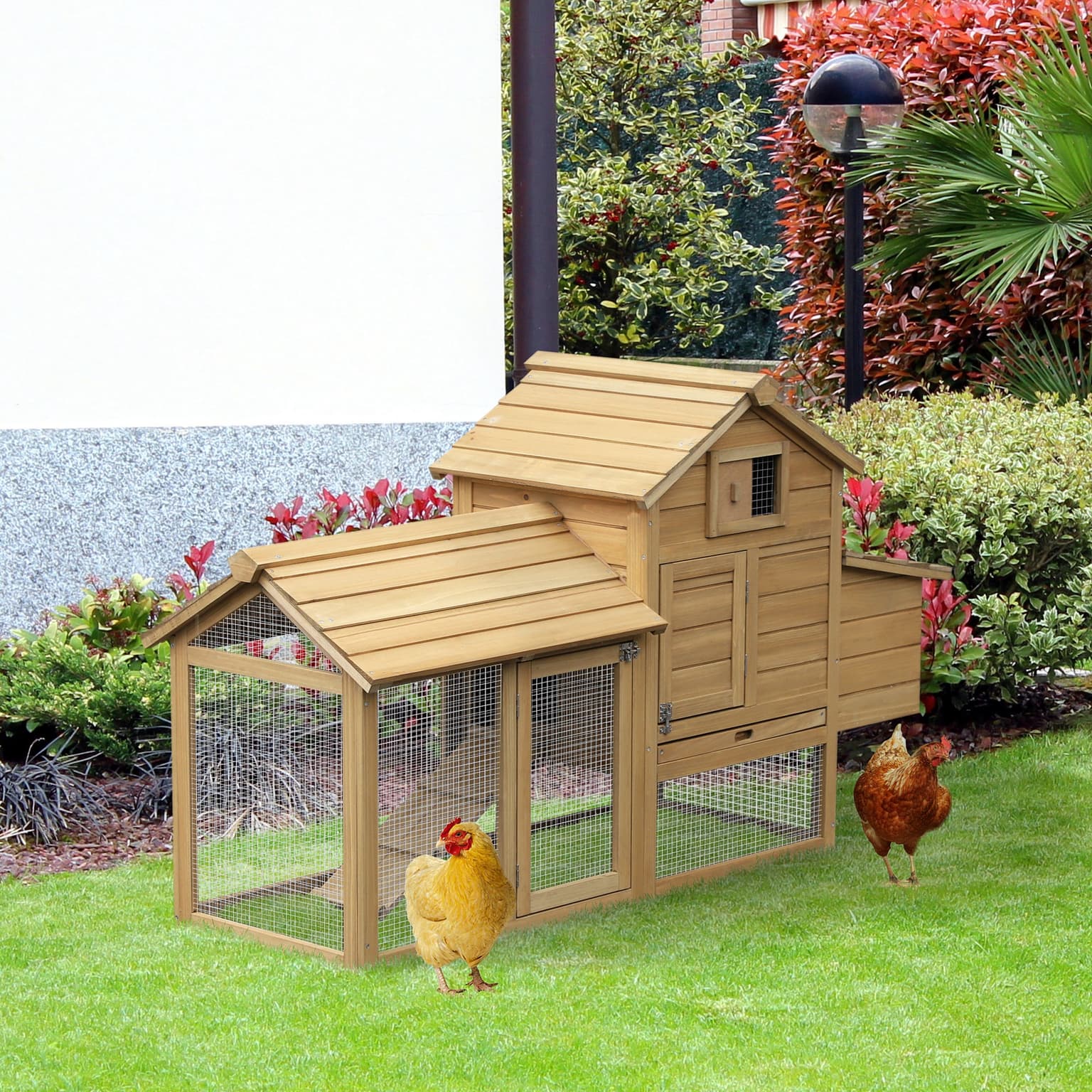 59" Small Wooden Chicken Coop Hen House Poultry Cage For Outdoor Backyard With 2 Doors, Nesting Box And Removable Tray, Natural Wood