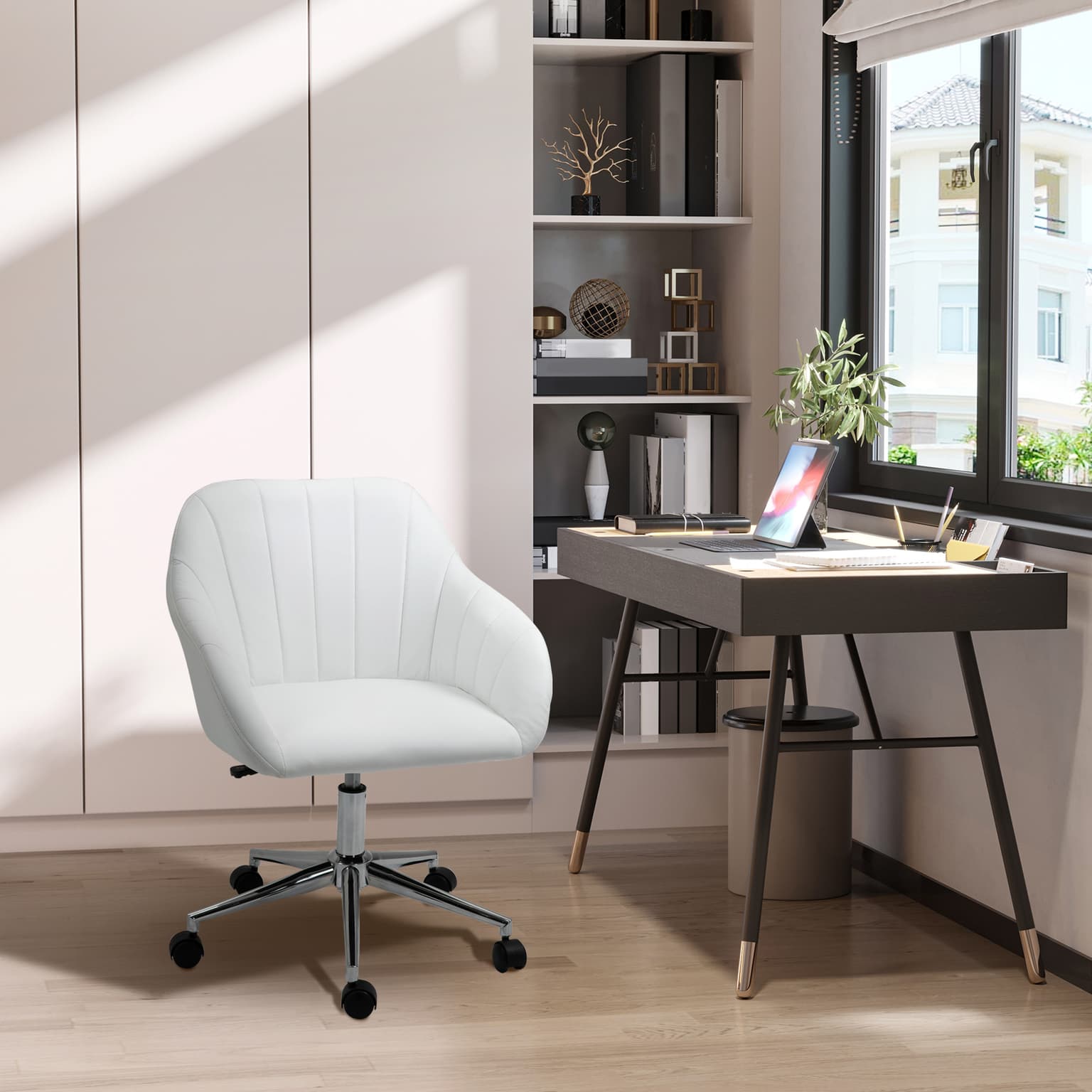 Mid Back Home Office Chair Computer Desk Chair With Pu Leather, Adjustable Height, Swivel Wheels For Study, Bedroom, White