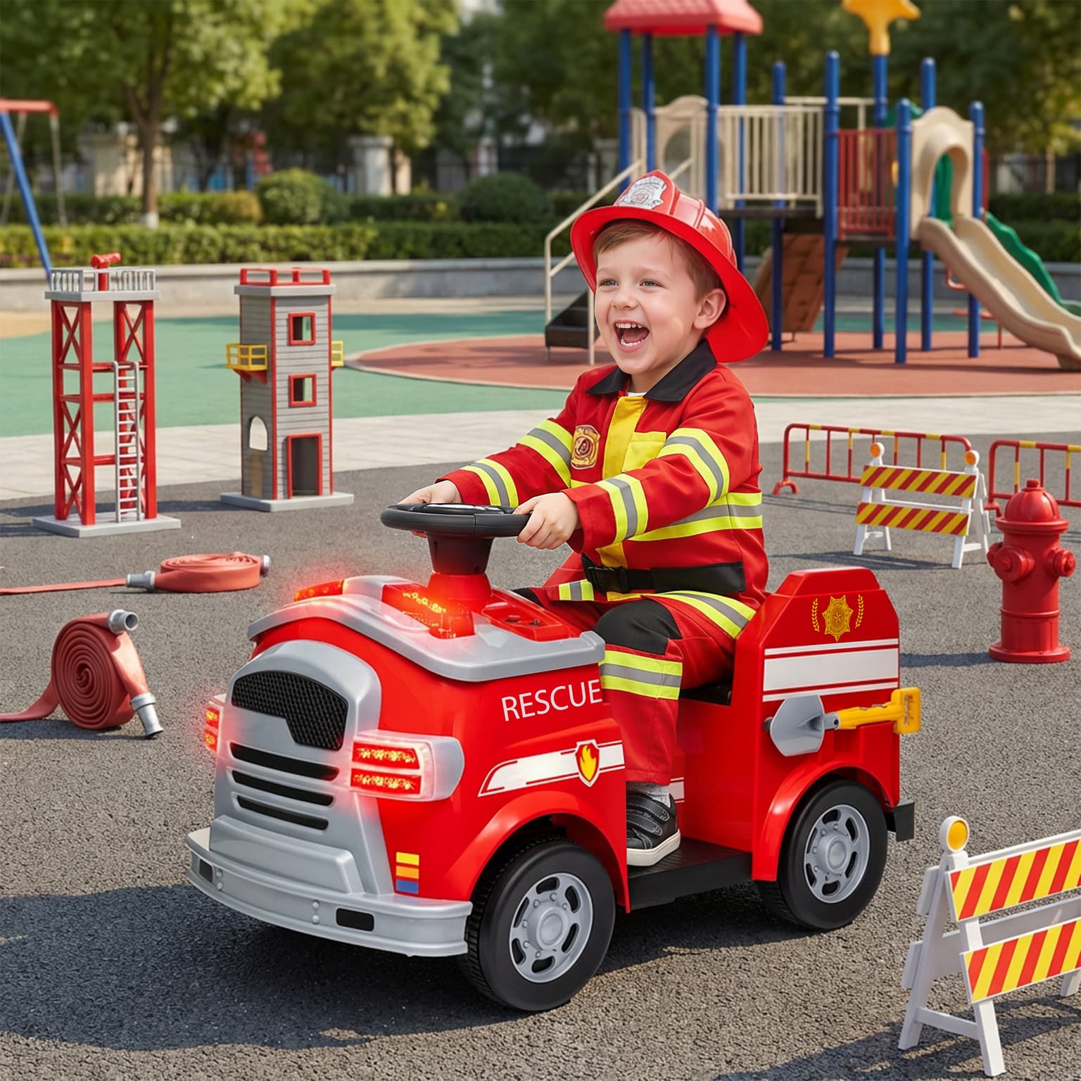 12v Ride On Fire Truck With Siren, Flashing Lights Fire Extinguisher, Soft Start, Horn Music, Red