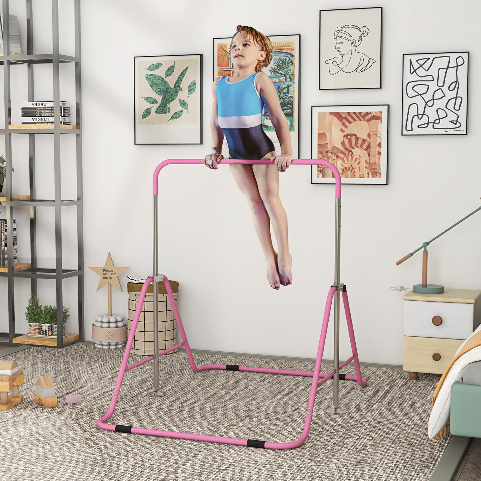 Folding Gymnastics Bar For Kids, Adjustable Height, Bubble Gum Pink