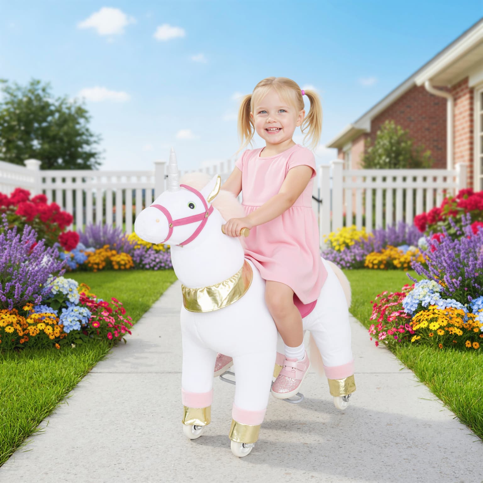 Ride On Unicorn Toy For Kids 3-5 Years, 29.5 Inch Plush Baby Rocking Horse With Wheels, No Battery Required, White