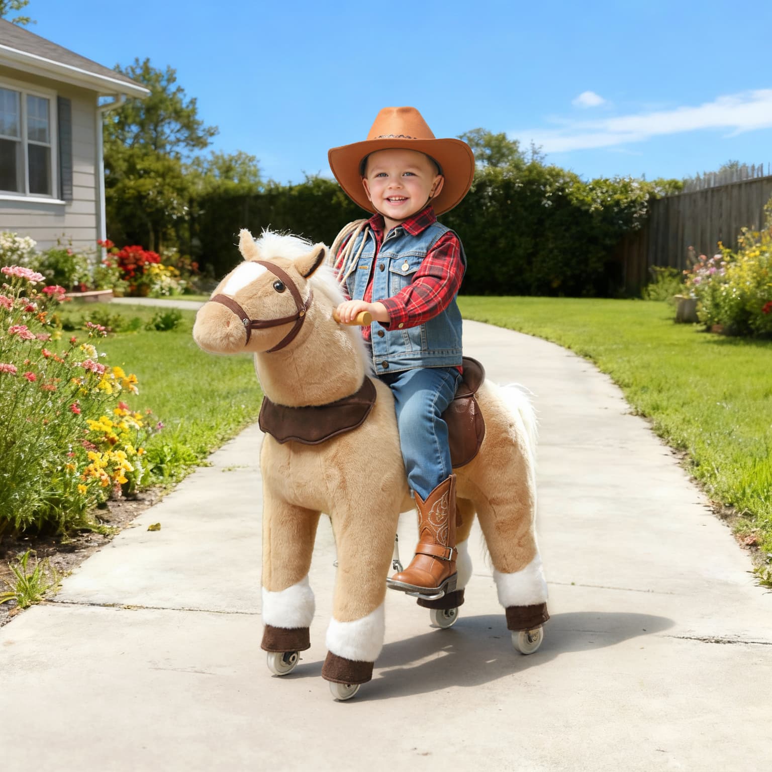 Ride On Horse, Plush Riding Pony For Ages 3-5, Walking Horse Animal With Wheels For Active Play, Brown