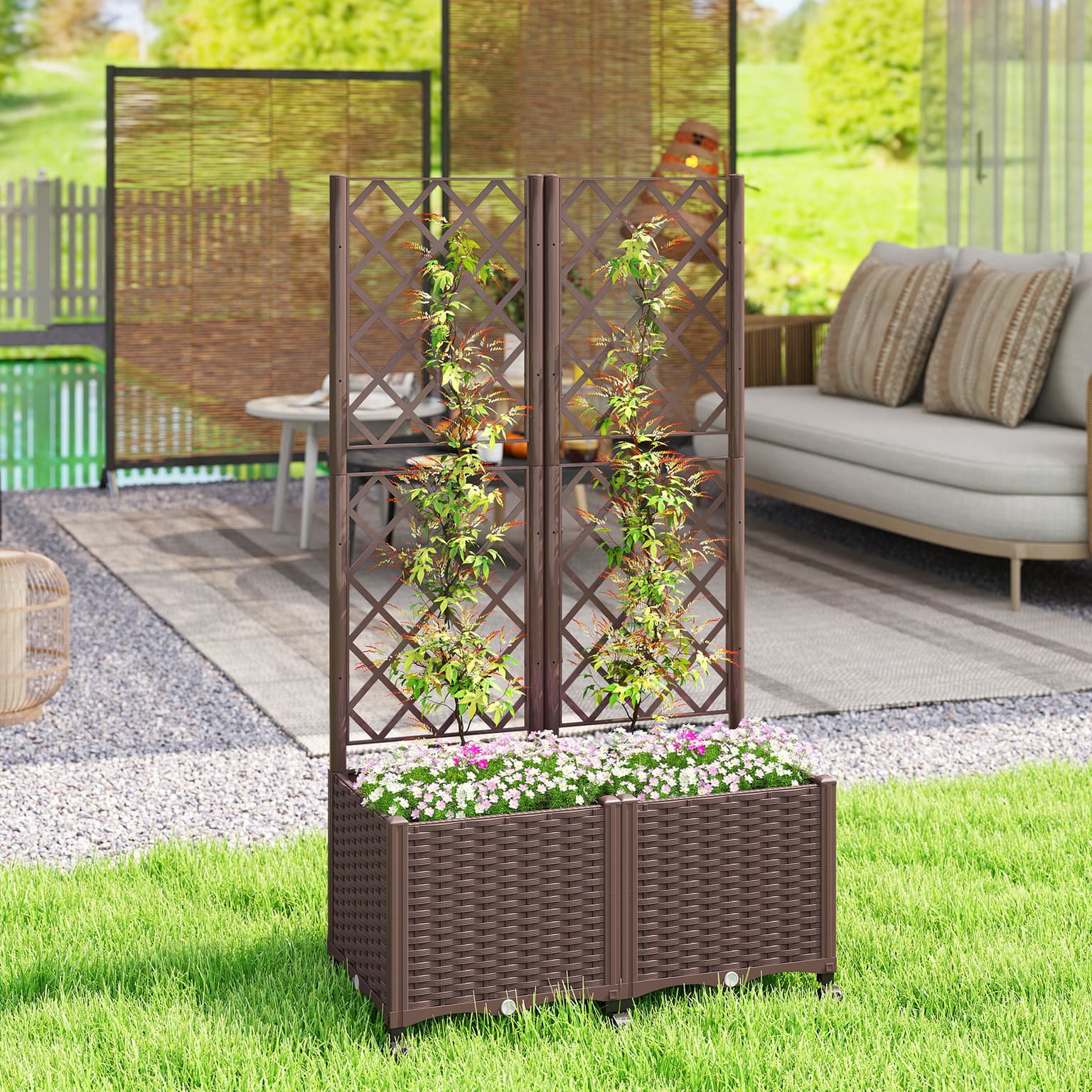 Planter Box With Trellis, Self Watering Raised Garden Bed With Lockable Wheels And Drainage Holes, Brown