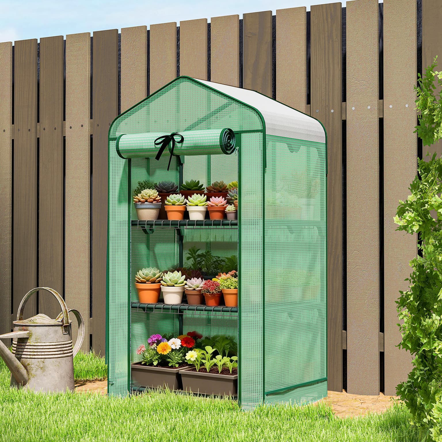 Mini Greenhouse With Screen Roof, Portable Small Greenhouse With Roll-up Zipper Door, 27.6" X 19.7" X 50", Green