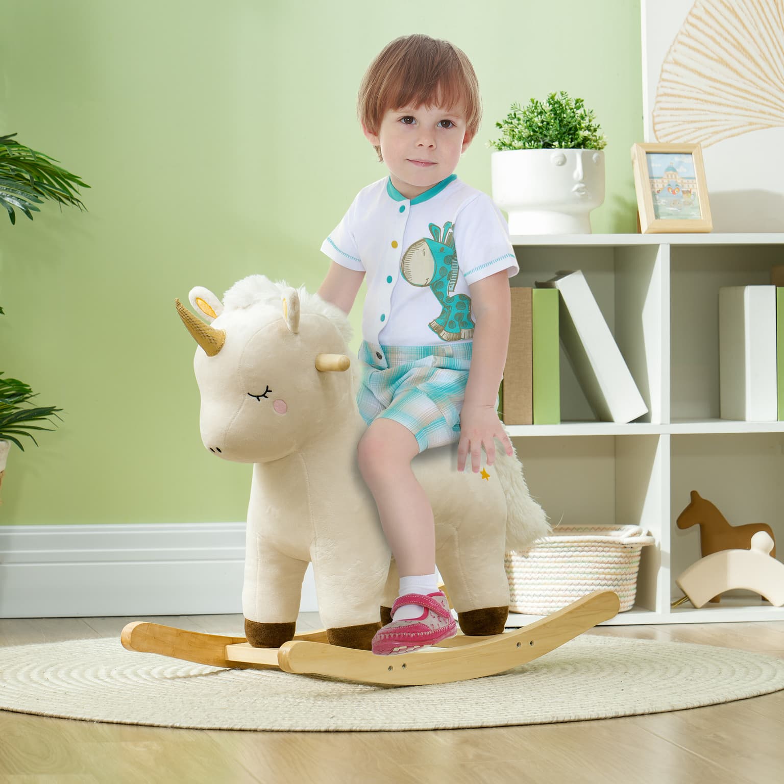 Kids Rocking Horse, Ride On Unicorn With Realistic Sounds & Wooden Base For Years 2-4, White