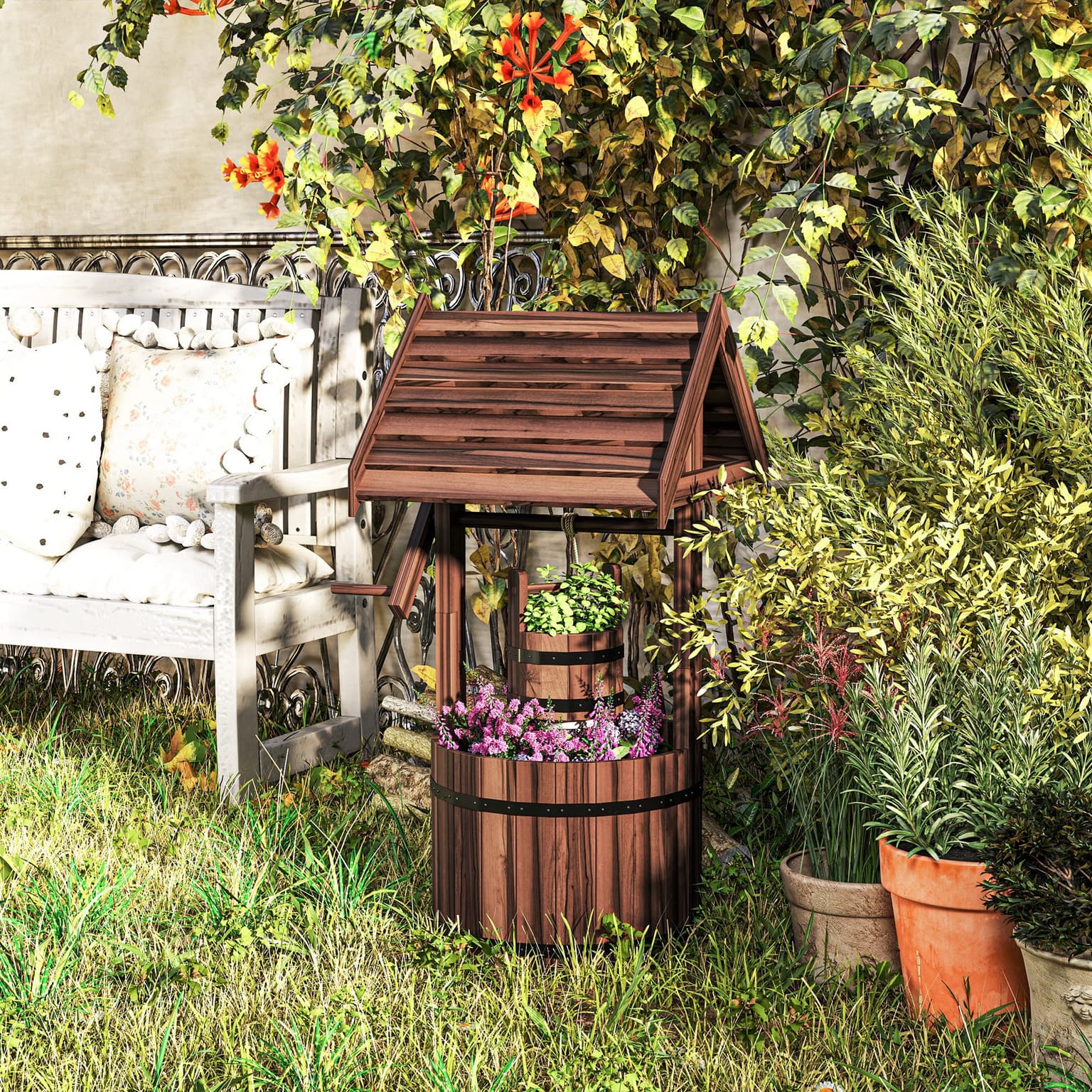 Wood Wishing Well For Outside With Hanging Bucket, Wishing Well Planter With Drain Hole For Garden Patio, Carbonized