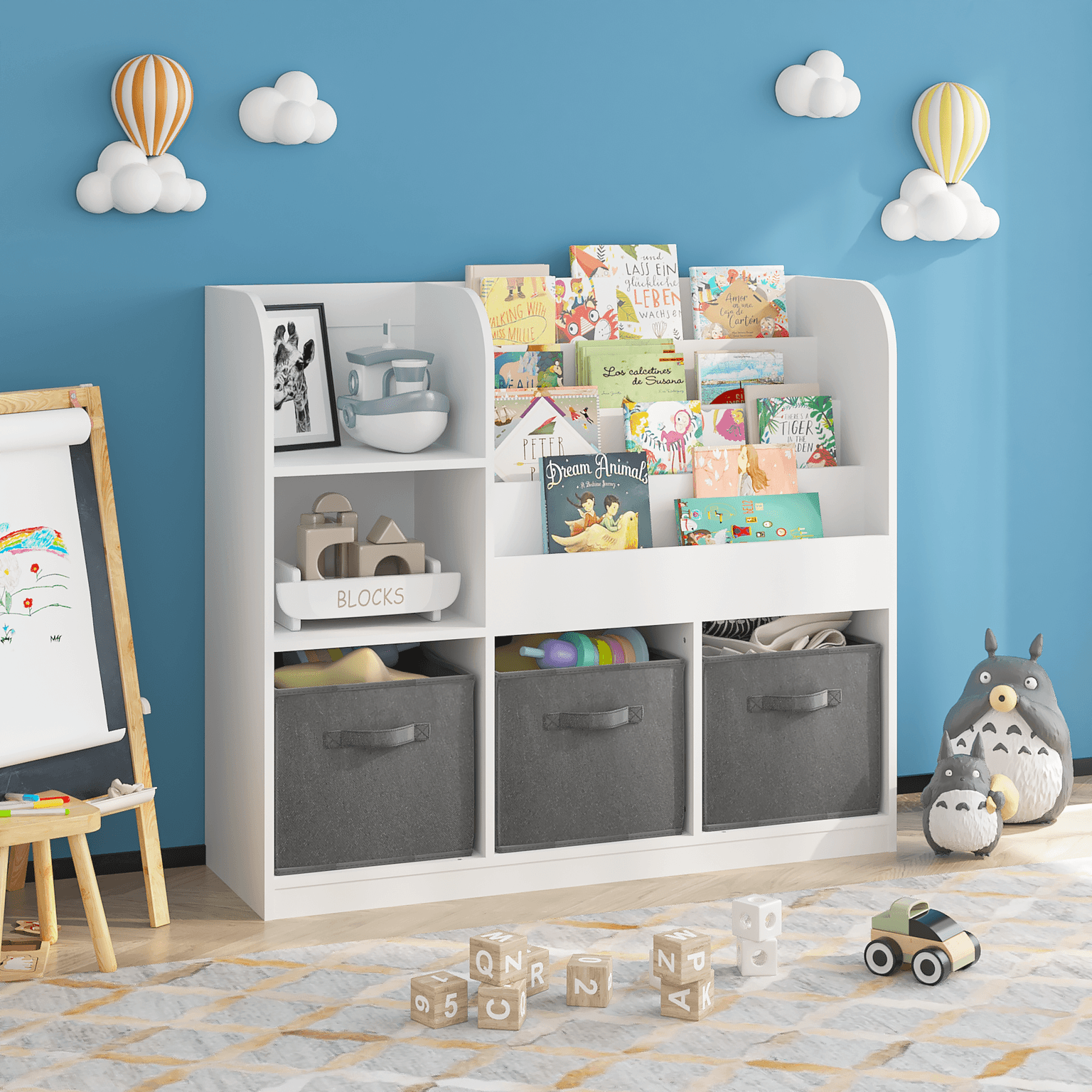 Kids Bookcase And Bookshelf, Multifunctional Bookcase With 3 Collapsible Fabric Drawers, Bookcase Display Stand, Toy Storage Organizer For Bedroom, Playroom, Hallway White Gray