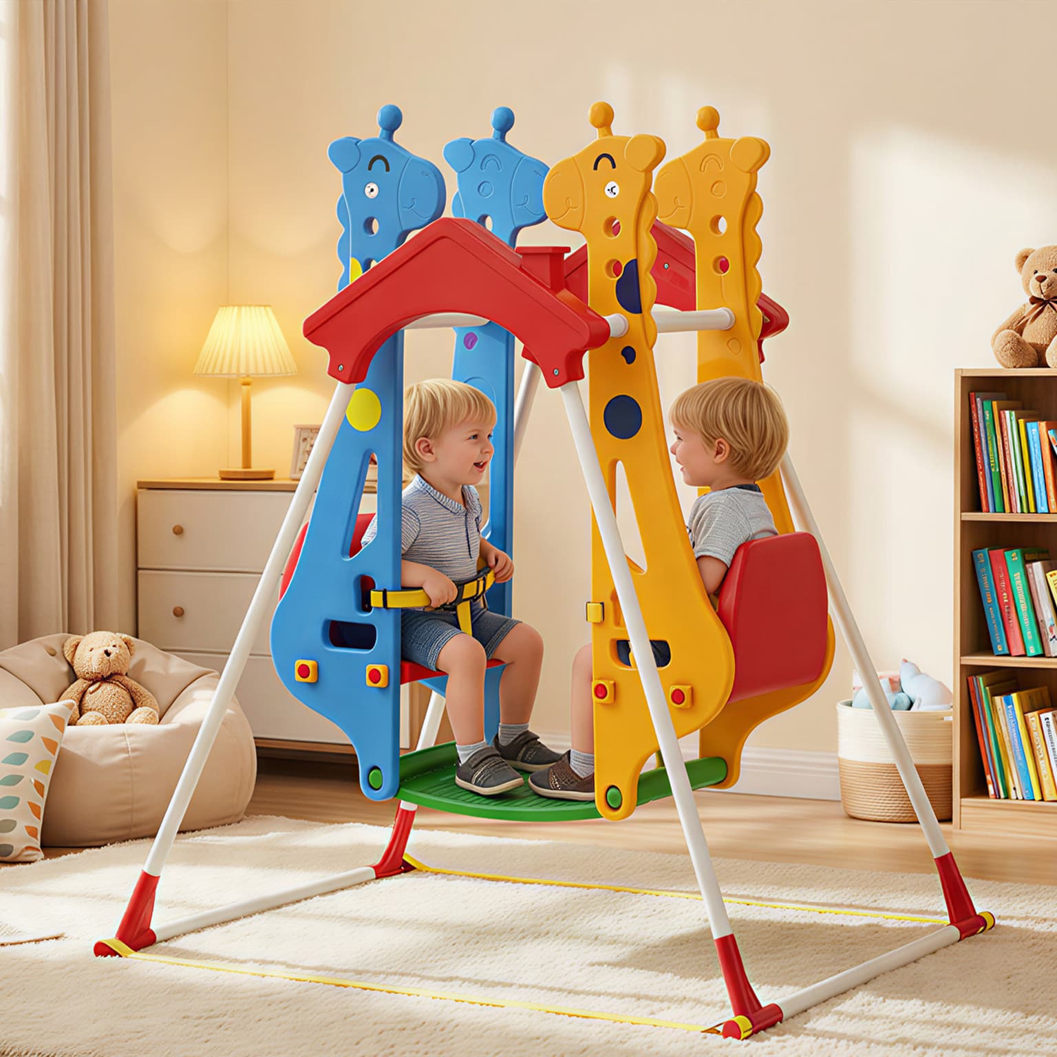 Kids Indoor Swing With Double Seats, Toddler Swing Set With Safety Belts For Aged 3-5, Play Room, Living Room