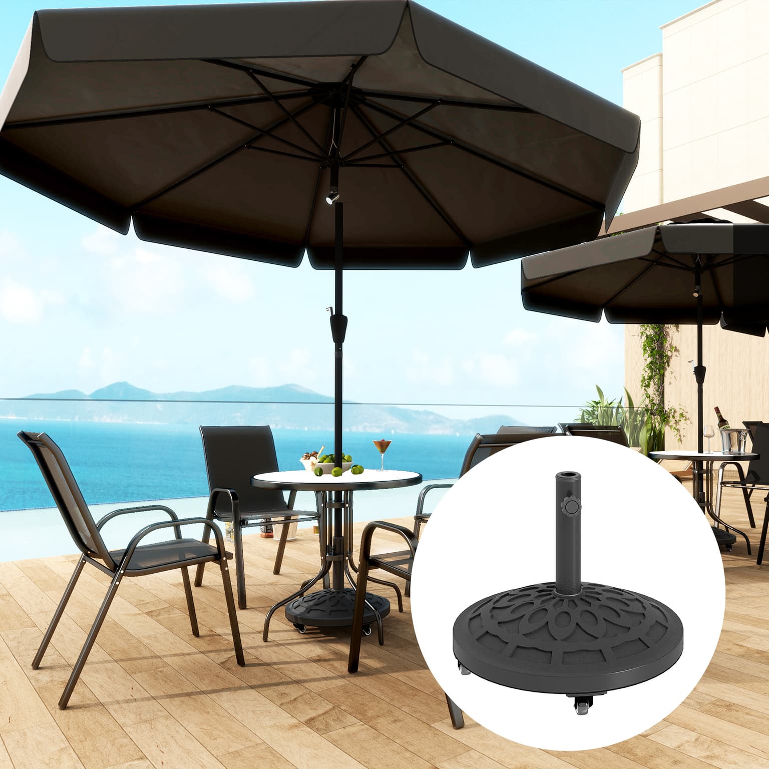 Round Patio Umbrella Base With Wheels, 46 Lbs Resin Umbrella Stand Base, Heavy Duty Patio Umbrella Holder For 1.3"/1.5"/1.9" Umbrella Poles For Outdoor, Lawn, Poolside, Black