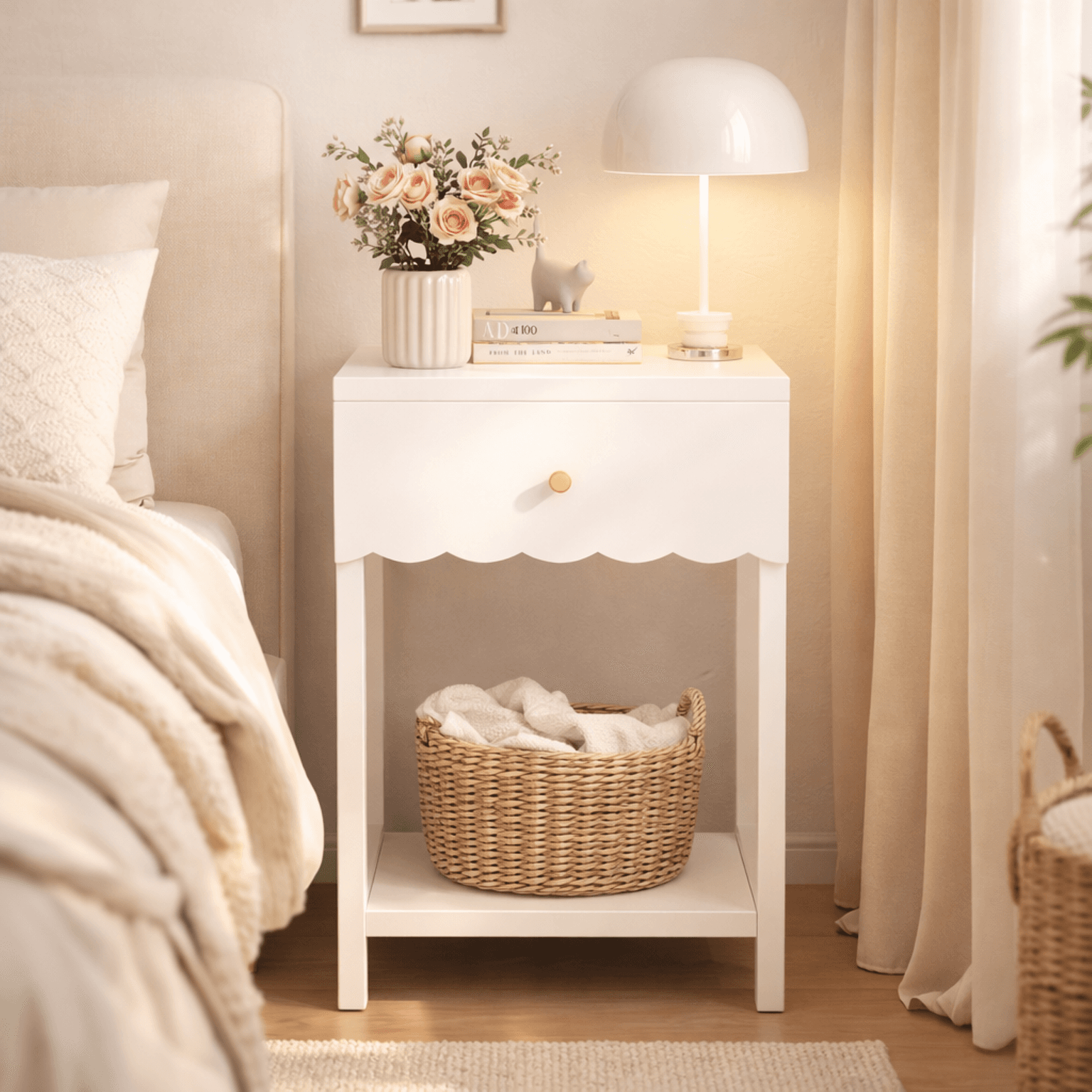Modern White Nightstand With Drawer And Open Shelf,scalloped Edge Bedside Table For Bedroom, Cute Minimalist Side Table For Kids Room Or Girls' Room