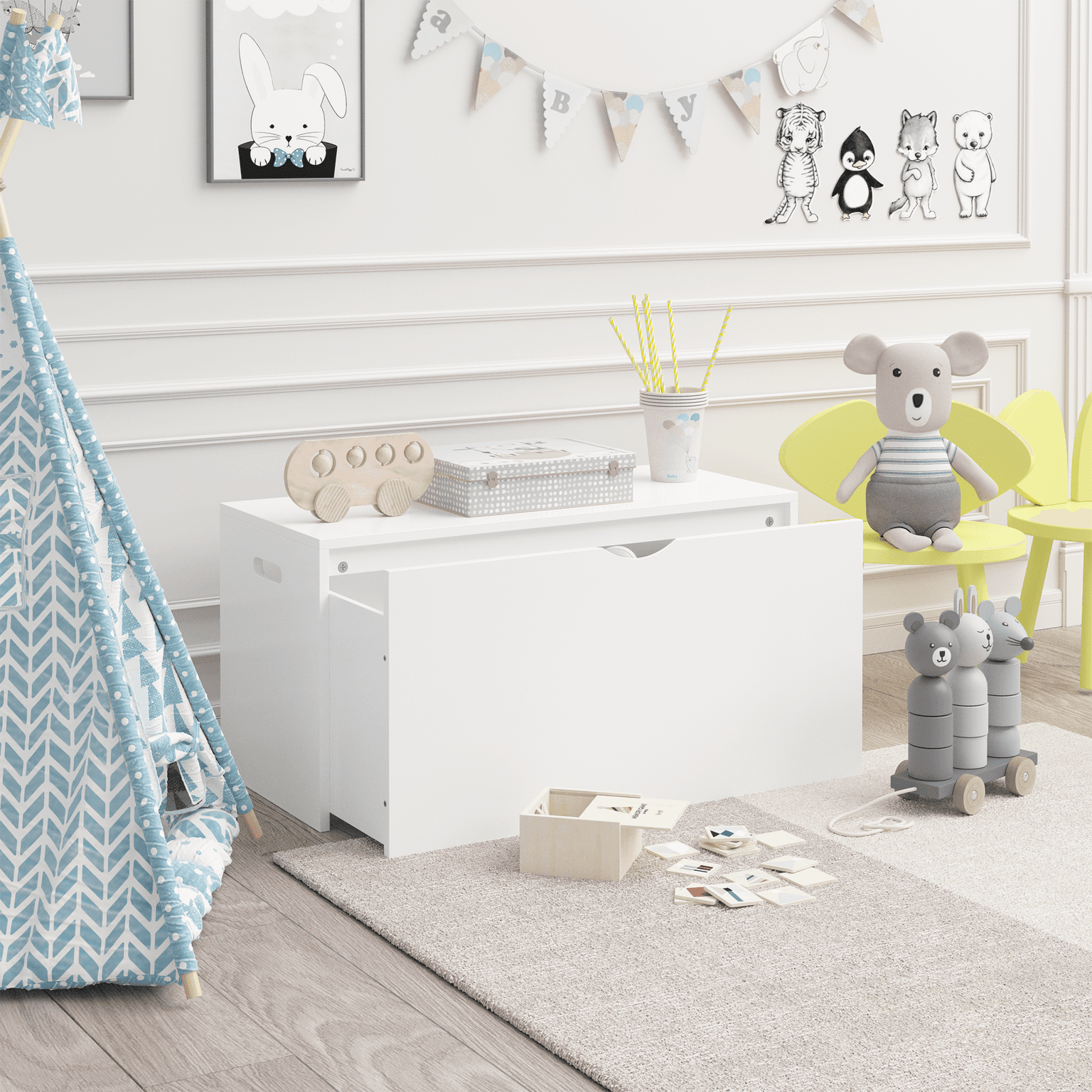 Kids Toy Storage Organizer With Rolling Drawer  Modern Wooden Toy Chest With Wheels, Large Pull-out Bin For Nursery, Bedroom Or Playroom