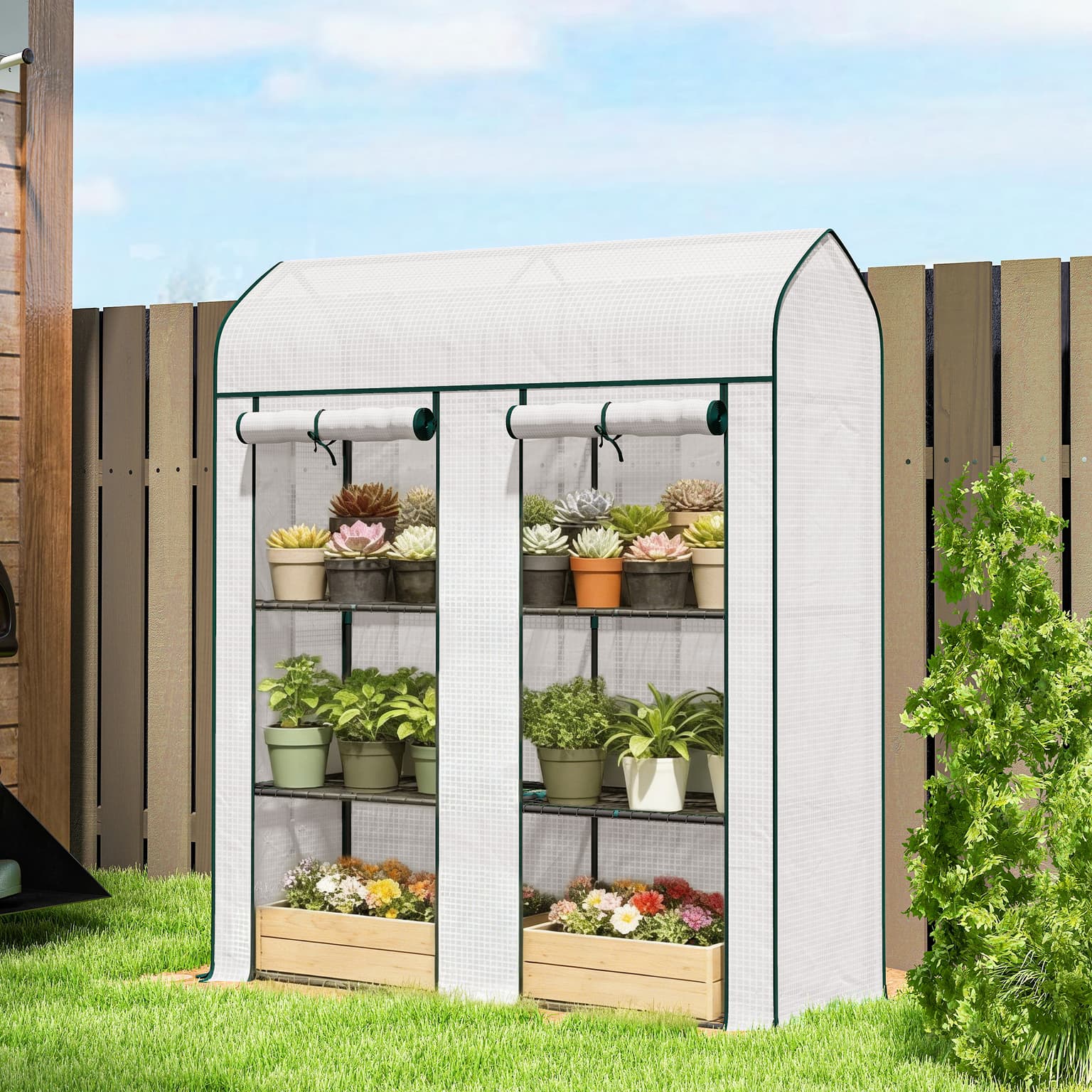 3 Tier Mini Greenhouse, Small Portable Greenhouse With 2 Roll-up Doors, 56.3" X 18.1" X 65", White