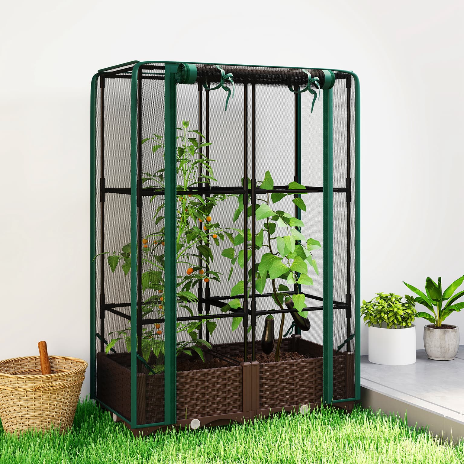 Raised Garden Bed With Trellis, 46.5" Tomato Cage With Crop Cage, Self Watering Planter Box With Drainage Holes, Green