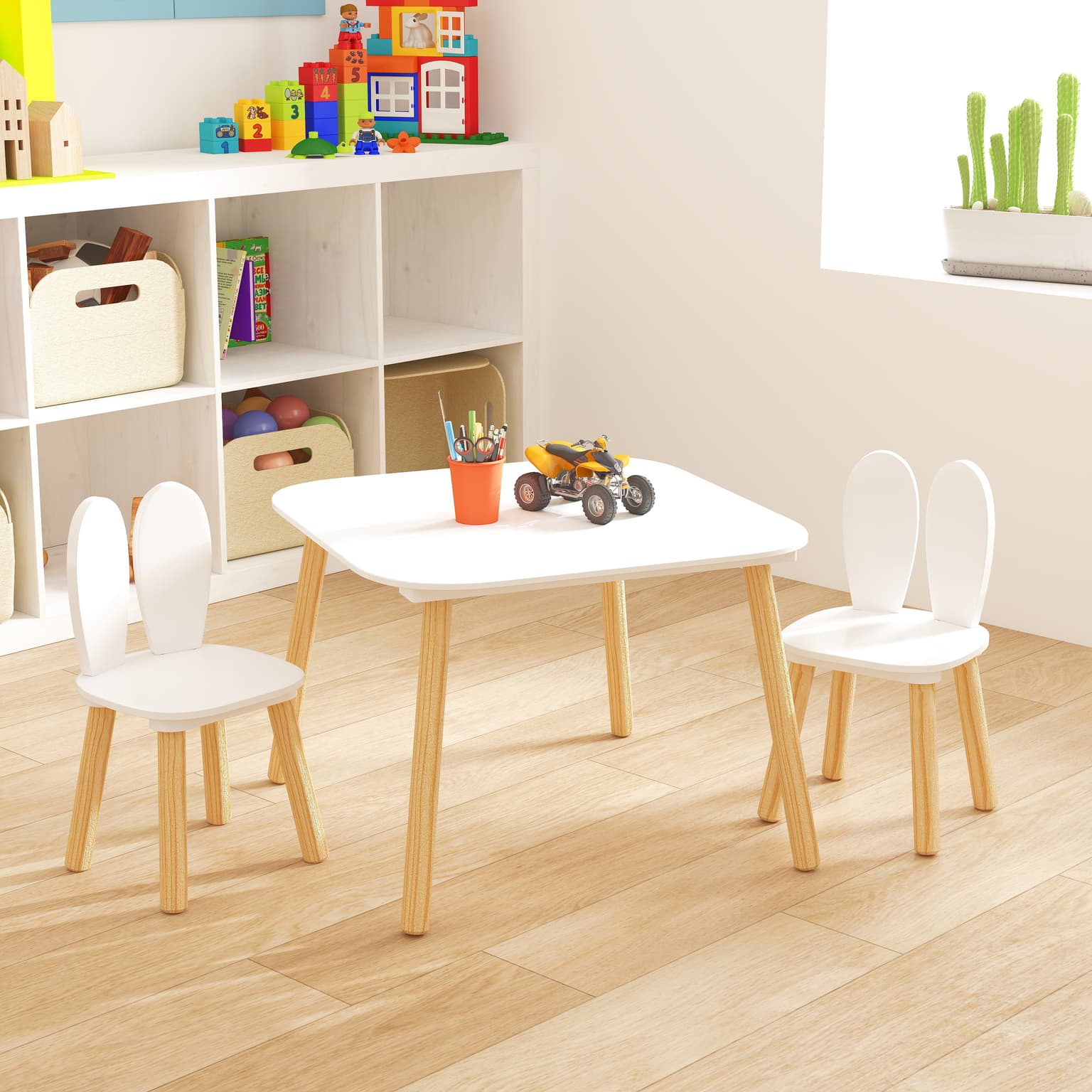 Kids Table And 2 Chairs Set, 3 Pieces Rabbit Themed Toddler Table And Chair Set, Children Wooden Activity Play Table Set Solid Wood Legs White
