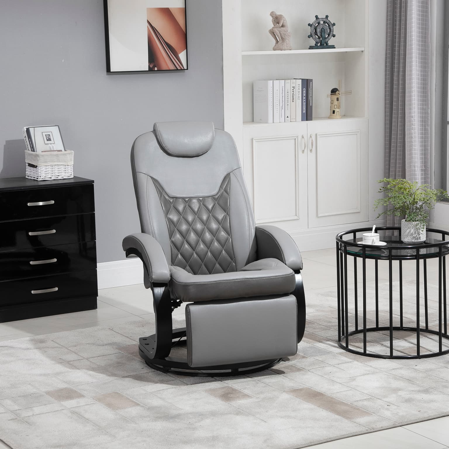 Faux Leather Manual Recliner, Adjustable Swivel Lounge Chair, Armchair With Footrest And Round Base For Living Room, Gray