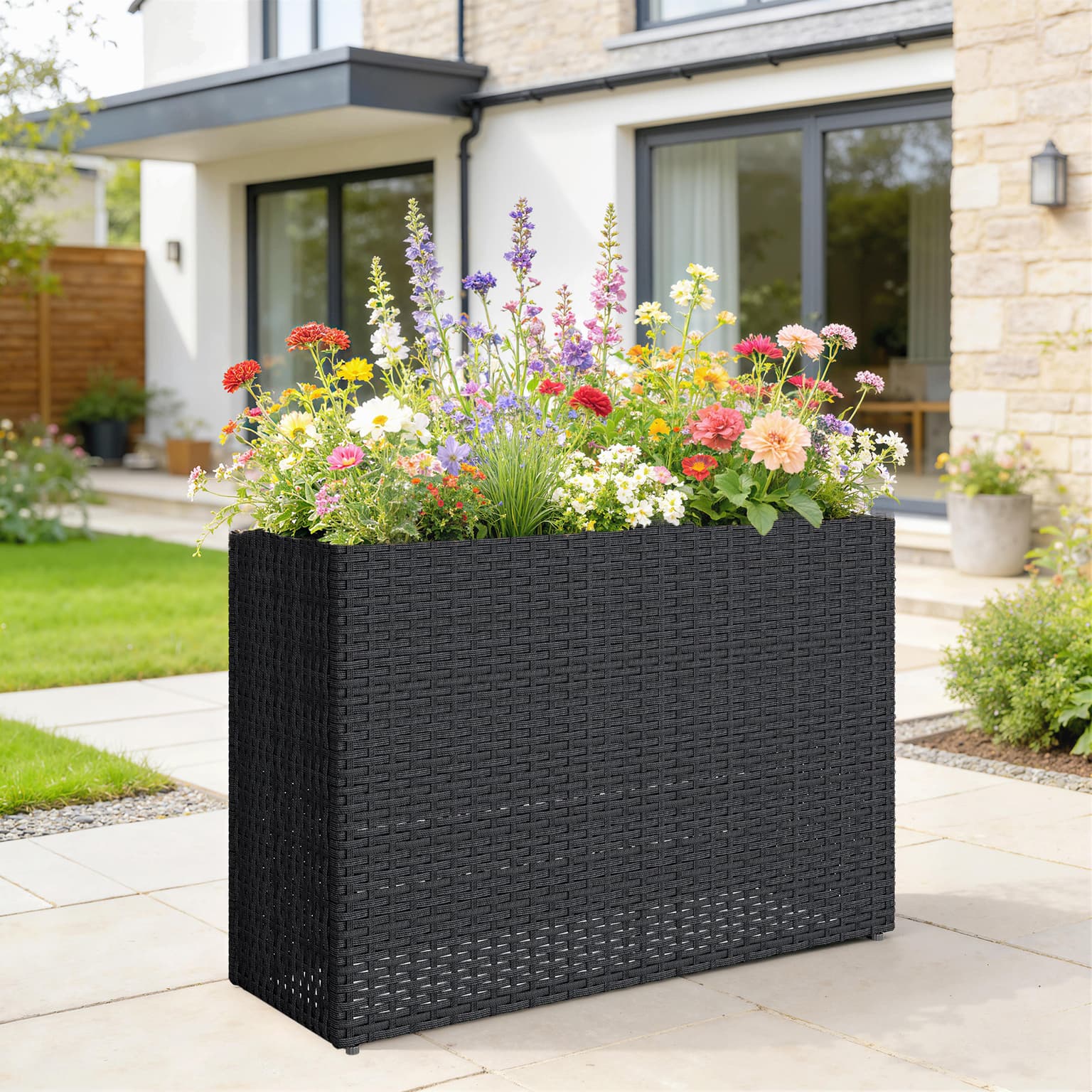 Tall Rectangular Planter With Removable Liner, Holes, Pe Wicker Large Planter Box For Indoor Outdoor Plants, Black