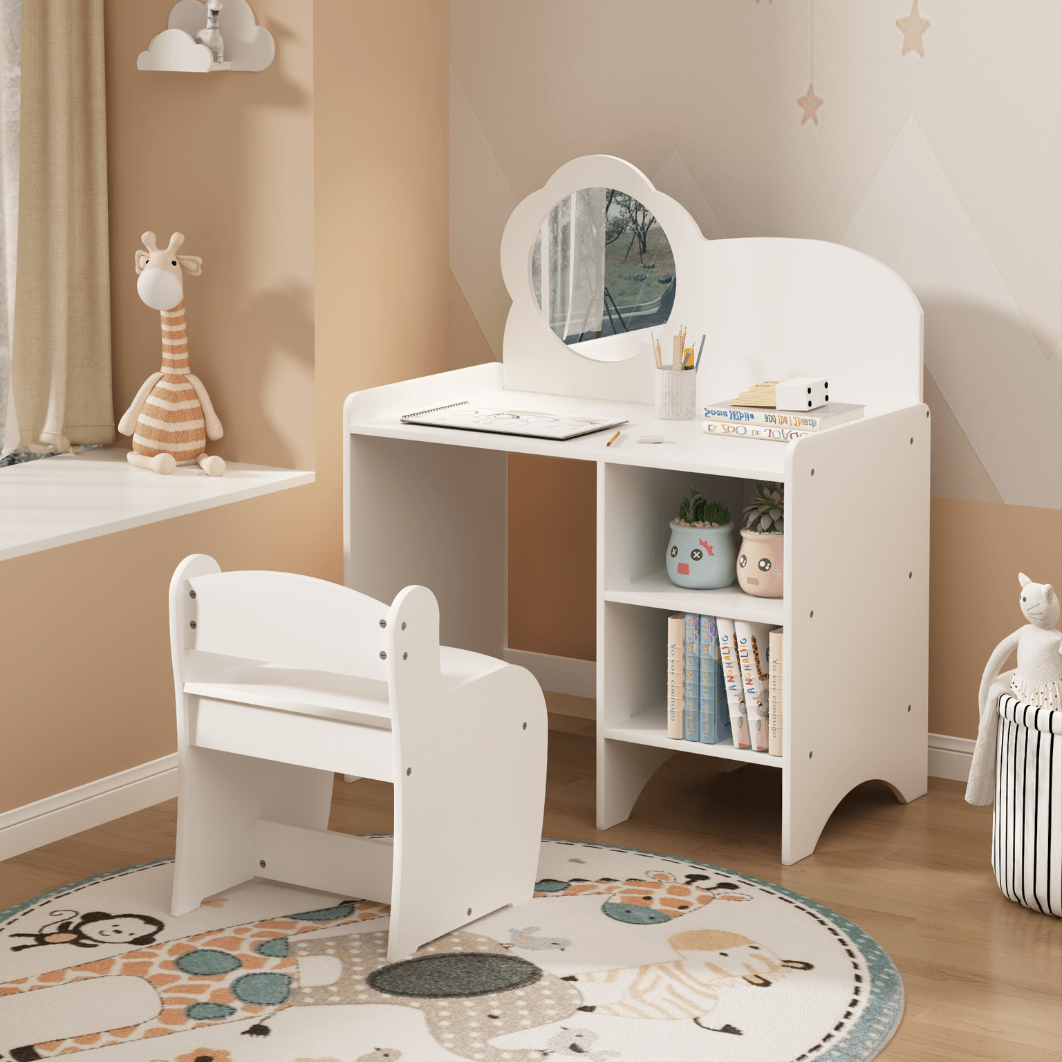 Kids Vanity Table With Mirror And Chair, Wooden Children's Dressing Makeup Desk With Storage Shelves, Study And Activity Table For Girls And Boys, Playroom Bedroom Furniture - White