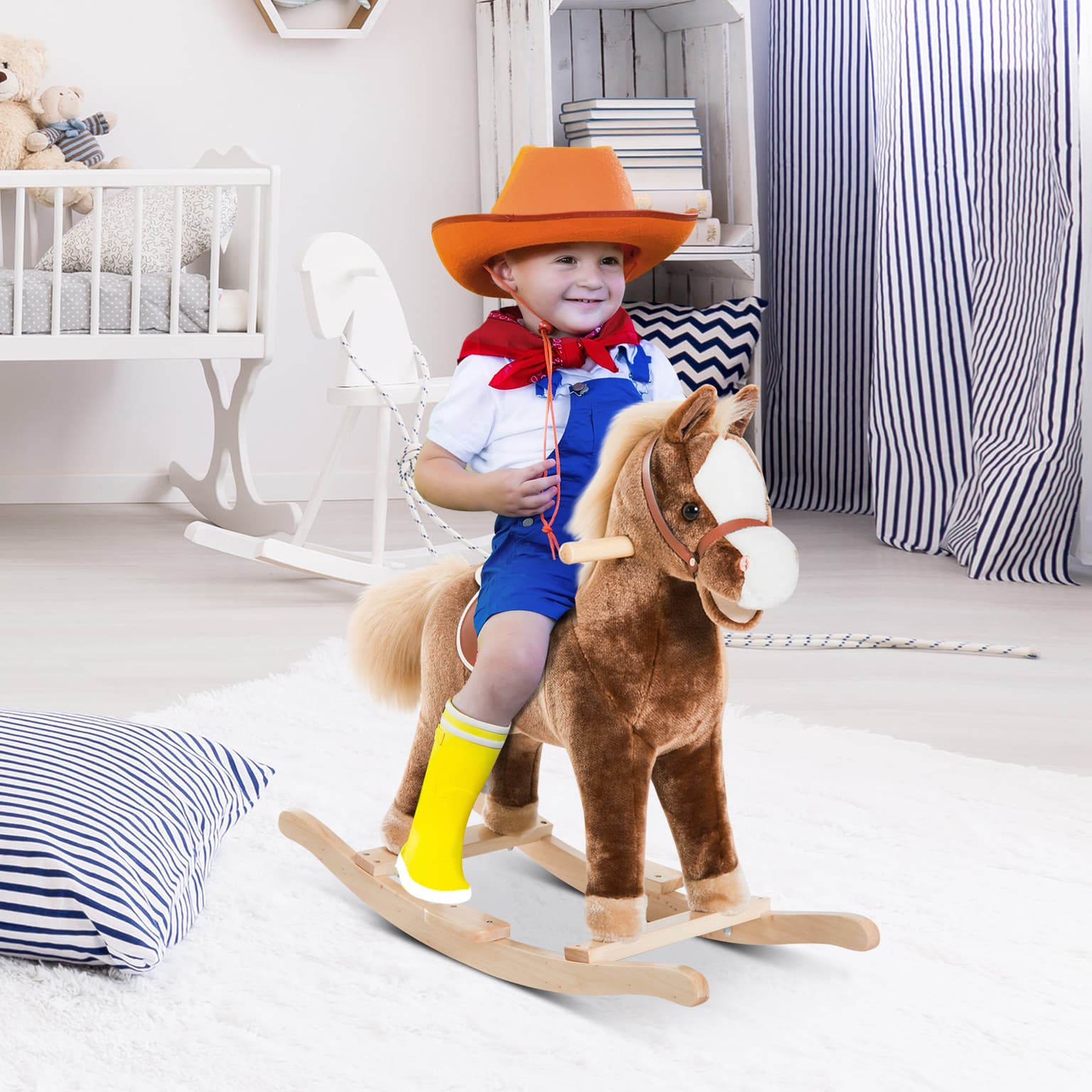 Kids Rocking Horse Plush Toddler Rocker Wooden Base Ride On Toy