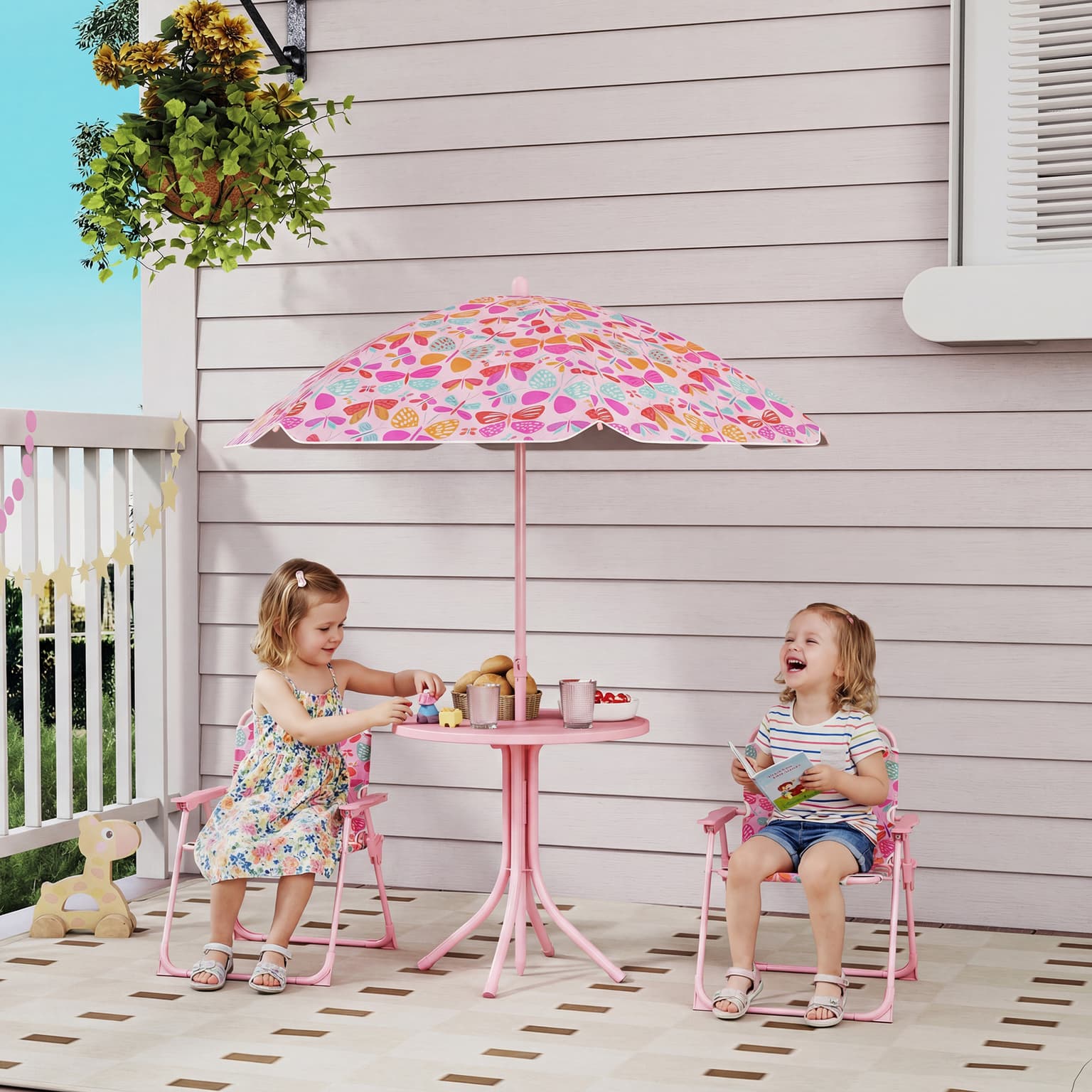 Kids Picnic Table And Chair Set, Outdoor Table With Foldable Chairs, Removable Umbrella, Pink
