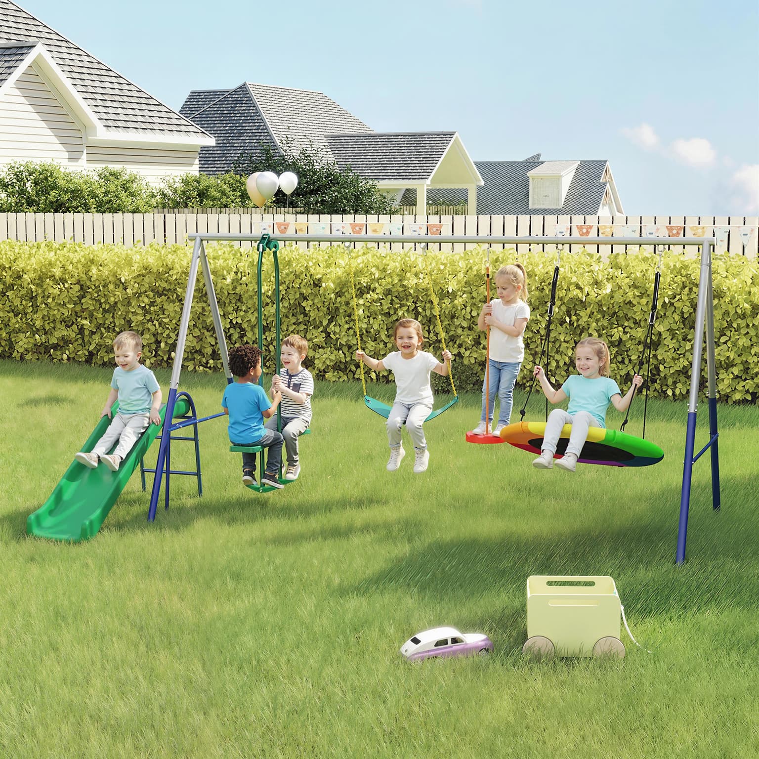 5-in-1 Kids Swing Set With Slide, Swings And Glider For Backyard, 770lbs Capacity, For Ages 3-8, Mixed Color