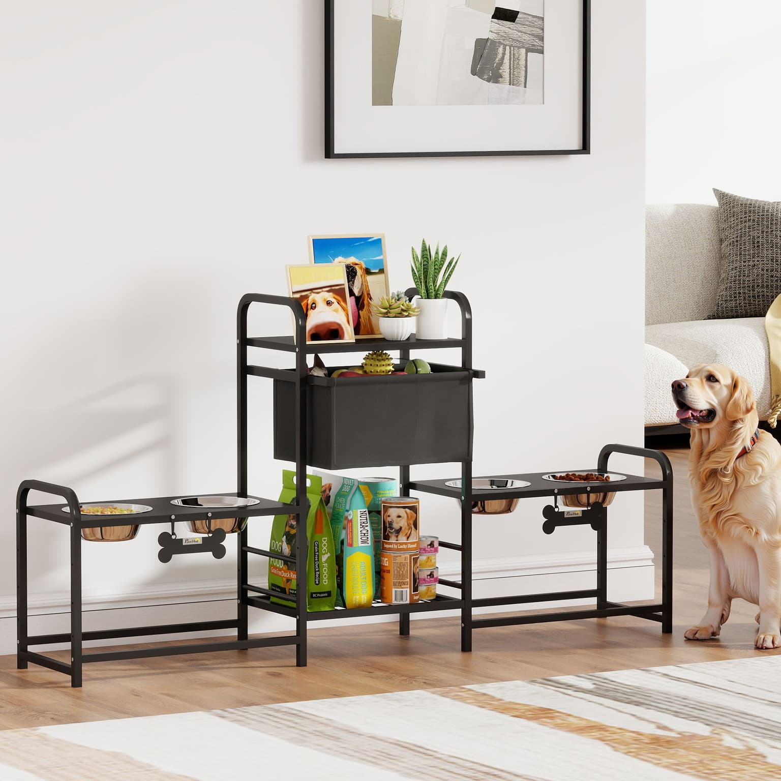 3 Height Adjustable Dog Bowl Stand With 2 Feeding Stations, Toy Bin Basket, Black