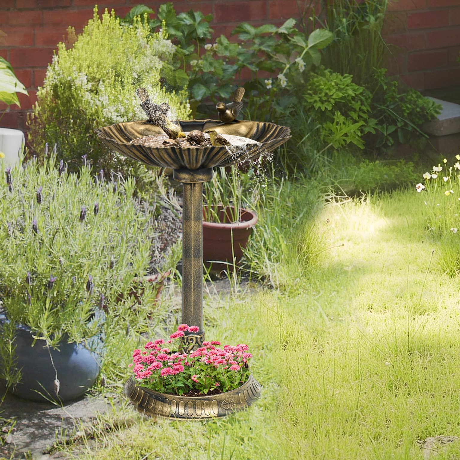 32" Antique Bird Bath Decorative Birdbath Bird Feeder Bowl With Planter Pedestal And Bird Statues, Bronze