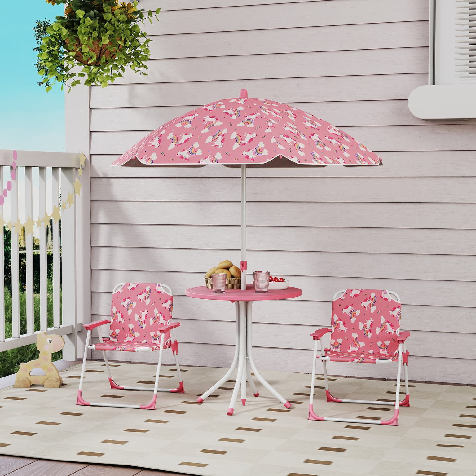 Kids Picnic Table, Kids Table And Chair Set With 2 Folding Chairs And Umbrella For Backyard, Garden, Patio, Pink