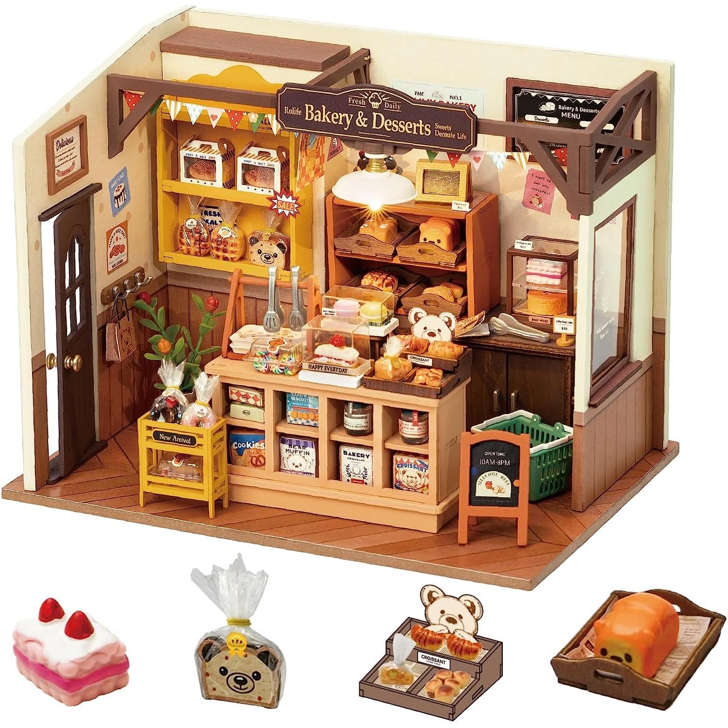 Rolife Mini Home Diy Assembly Model, Becca's Bakery, 3d Puzzle Toy, 256-piece Wooden Model With Led Lights, Creative Home Decor And Adult Gift