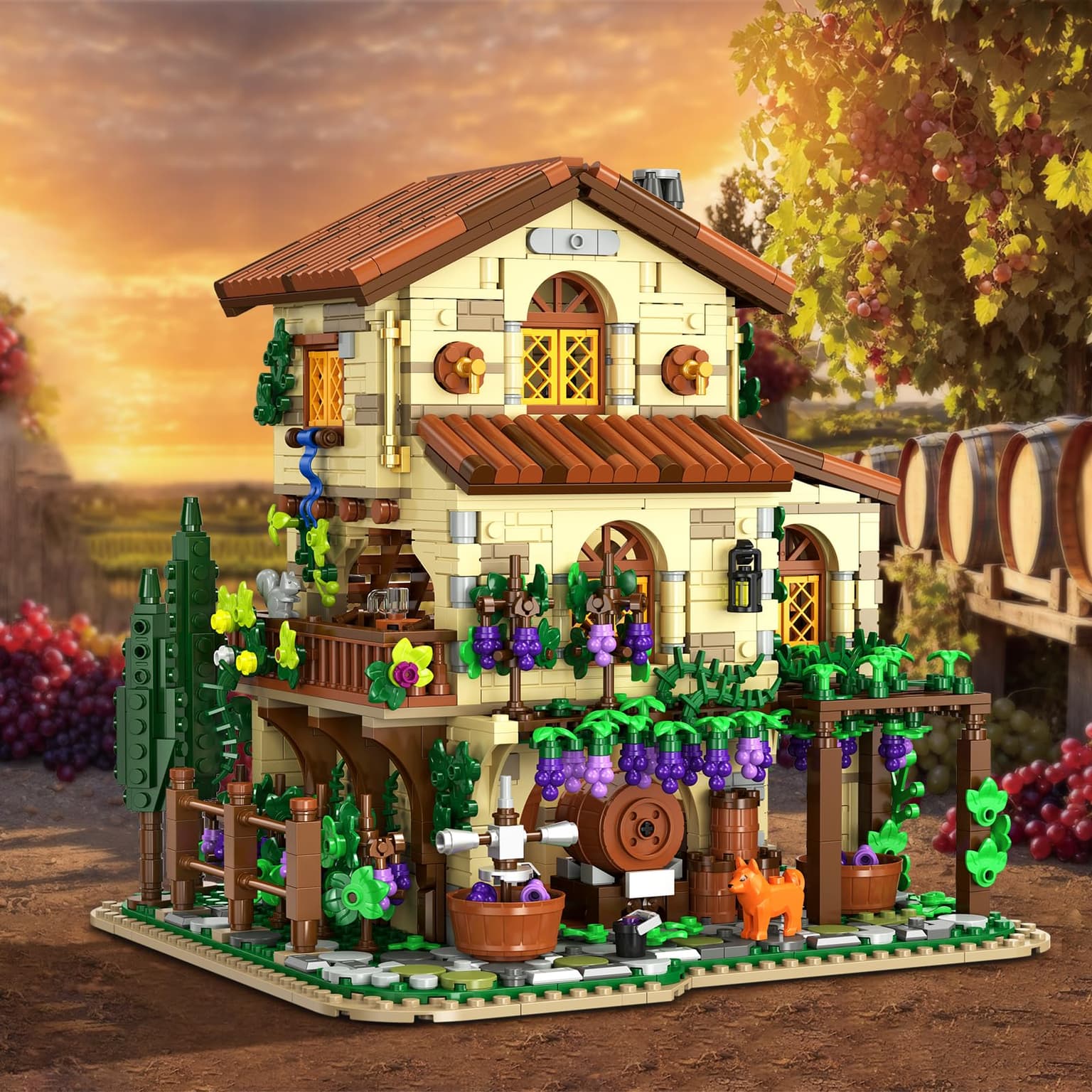 Winery Chateau House Building Set With Lights, Vineyard Castle Construction Model Home Decor, Vine Estate Autumn Cabin Building Block Kit, Birthday Gift For Adults Teens Boys Girls