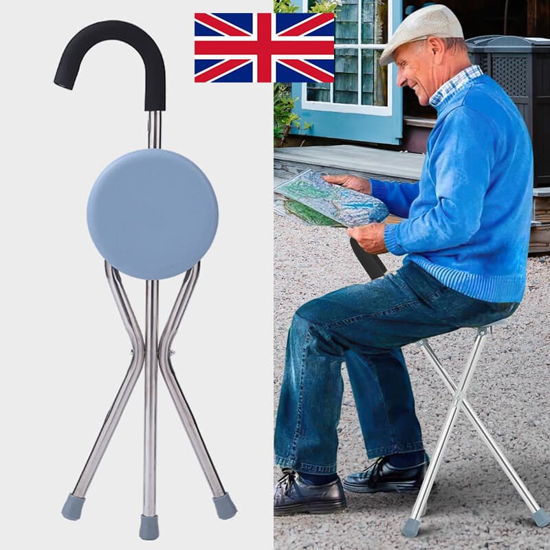 Folding Cane Seat Chair Walking Stick Tripod Hiking Stool Adjustable Height