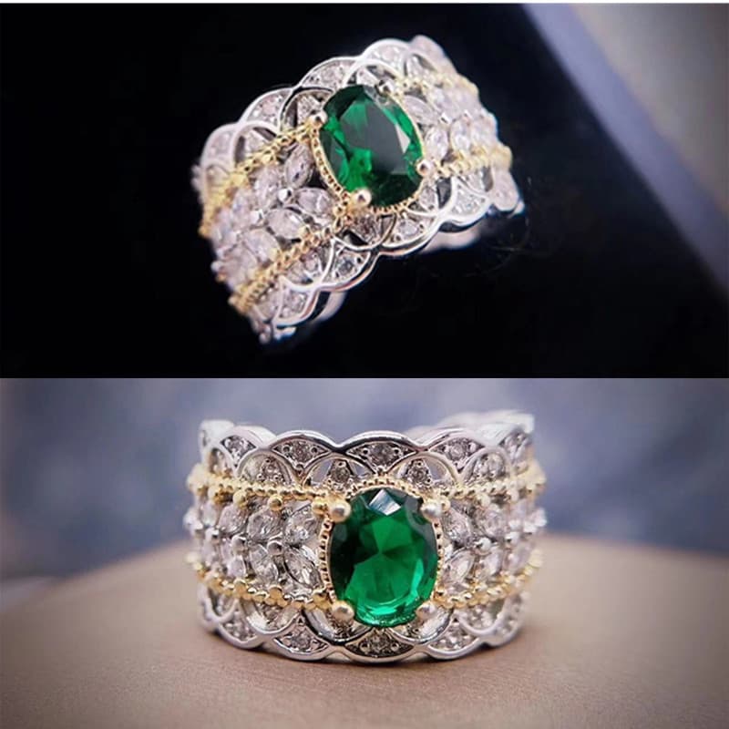 Emerald Pigeon Egg Zircon Open Ring, Vintage Hollow Double Gold Plated Ins Style Light Luxury Jewelry
