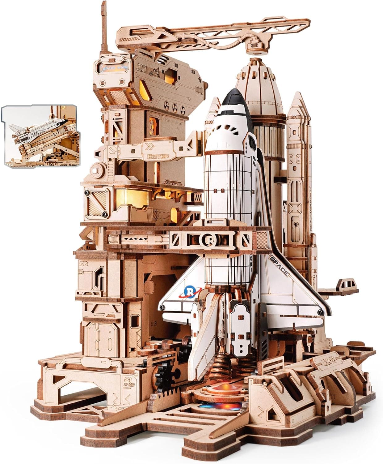 Rokr 3d Wooden Space Shuttle Model Kit - 446-piece Stem Building Toy With Launch Simulation And Led Light Effects, Diy Puzzle, A Unique Gift For Space Enthusiasts