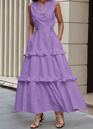 V-neck Sleeveless Fitted Waist Ruffle Dress