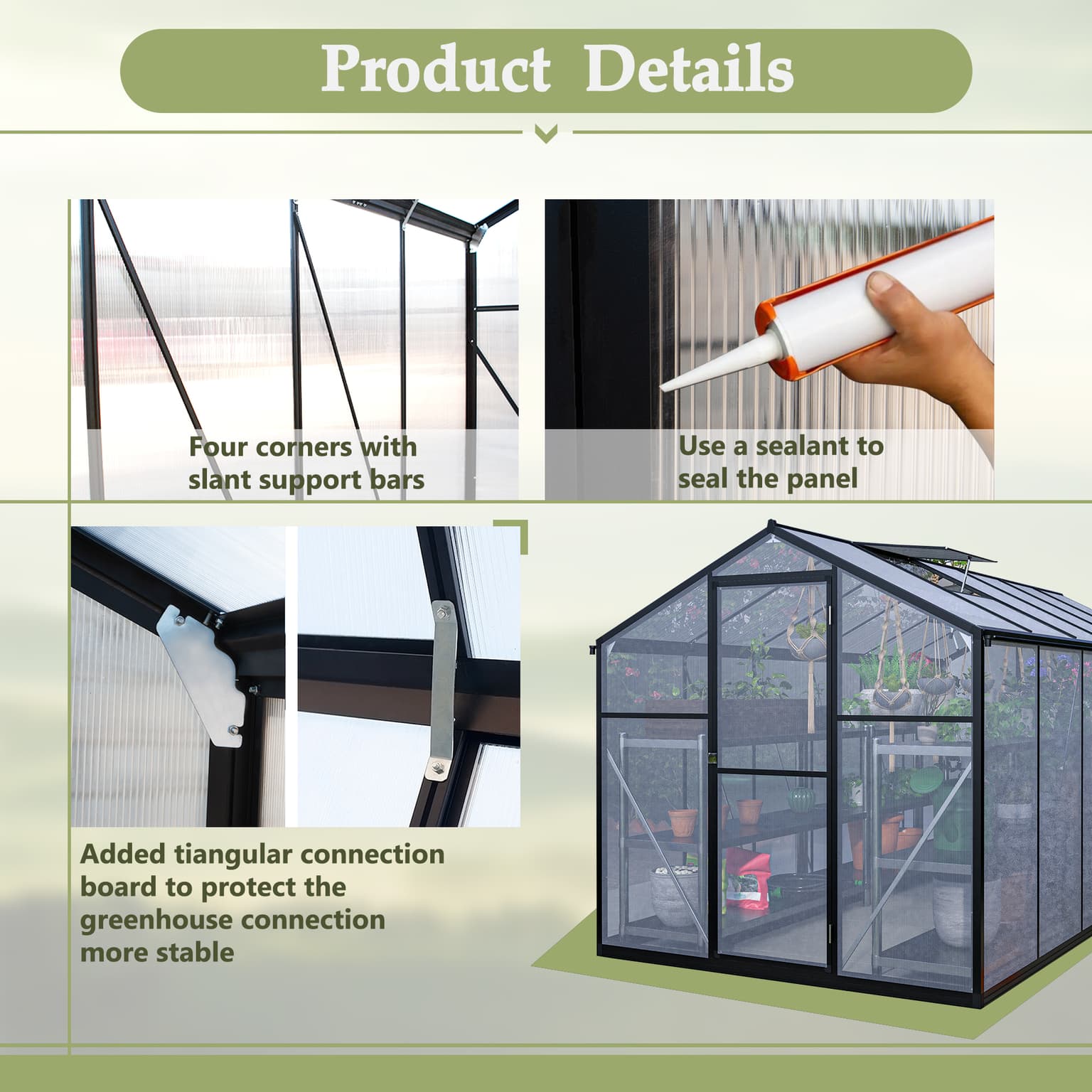 6' X 12' Thicked Polycarbonate Greenhouse, Greenhouse With Double Flush Door, Rain Gutter And Ventilation Window, Green House For Sunroom, Garden, Backyard, Walk-in Large Winter Greenhouse
