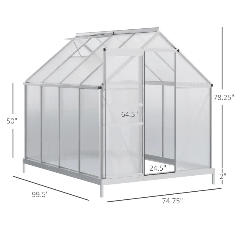 Aluminum Outdoor Greenhouse, Polycarbonate Walk-in Garden Greenhouse Kit With Adjustable Roof Vent, Rain Gutter And Sliding Door For Winter, Silver