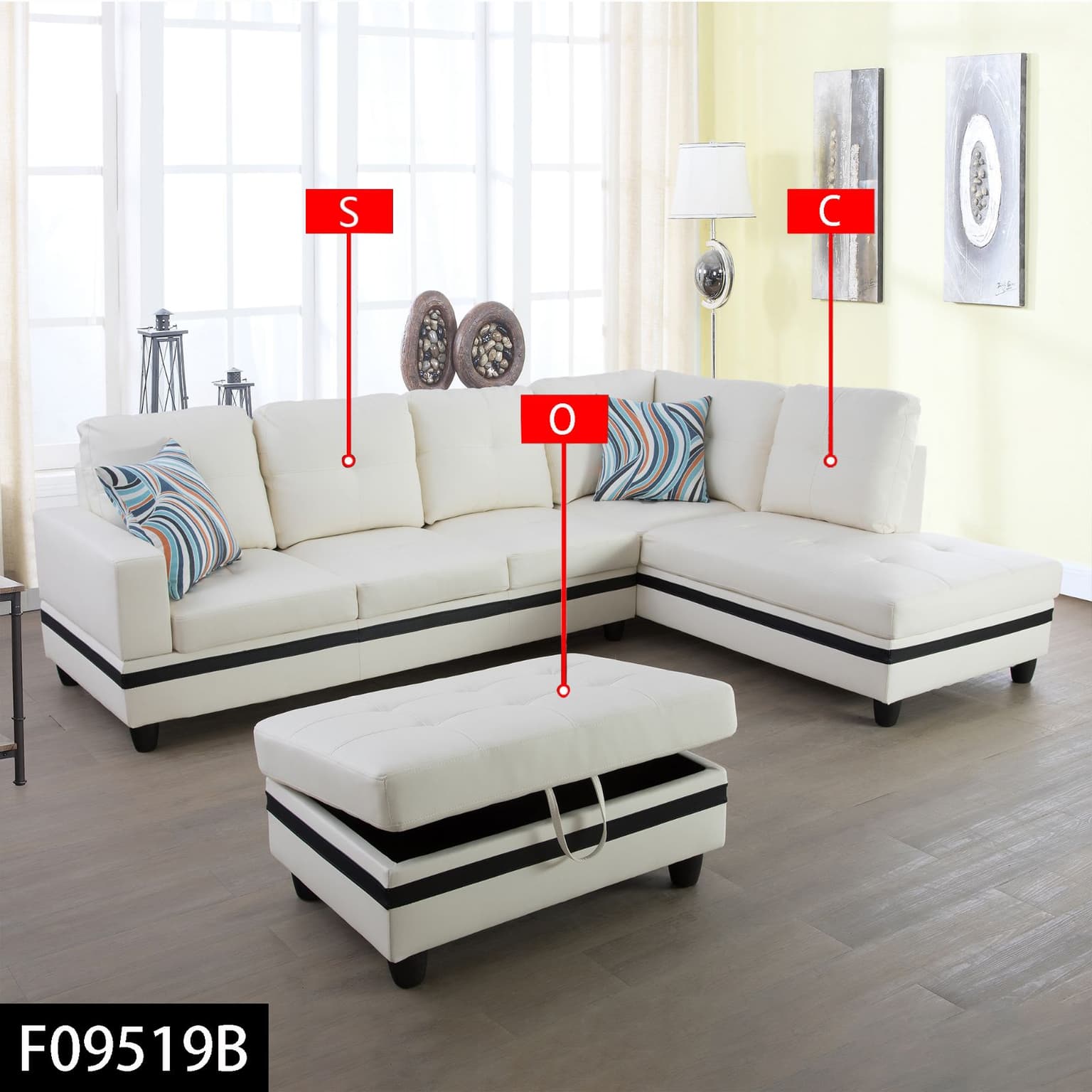 Pickup Only--white And Black Semi Pu Synthetic Leather 3-piece Couch Living Room Sofa Set
