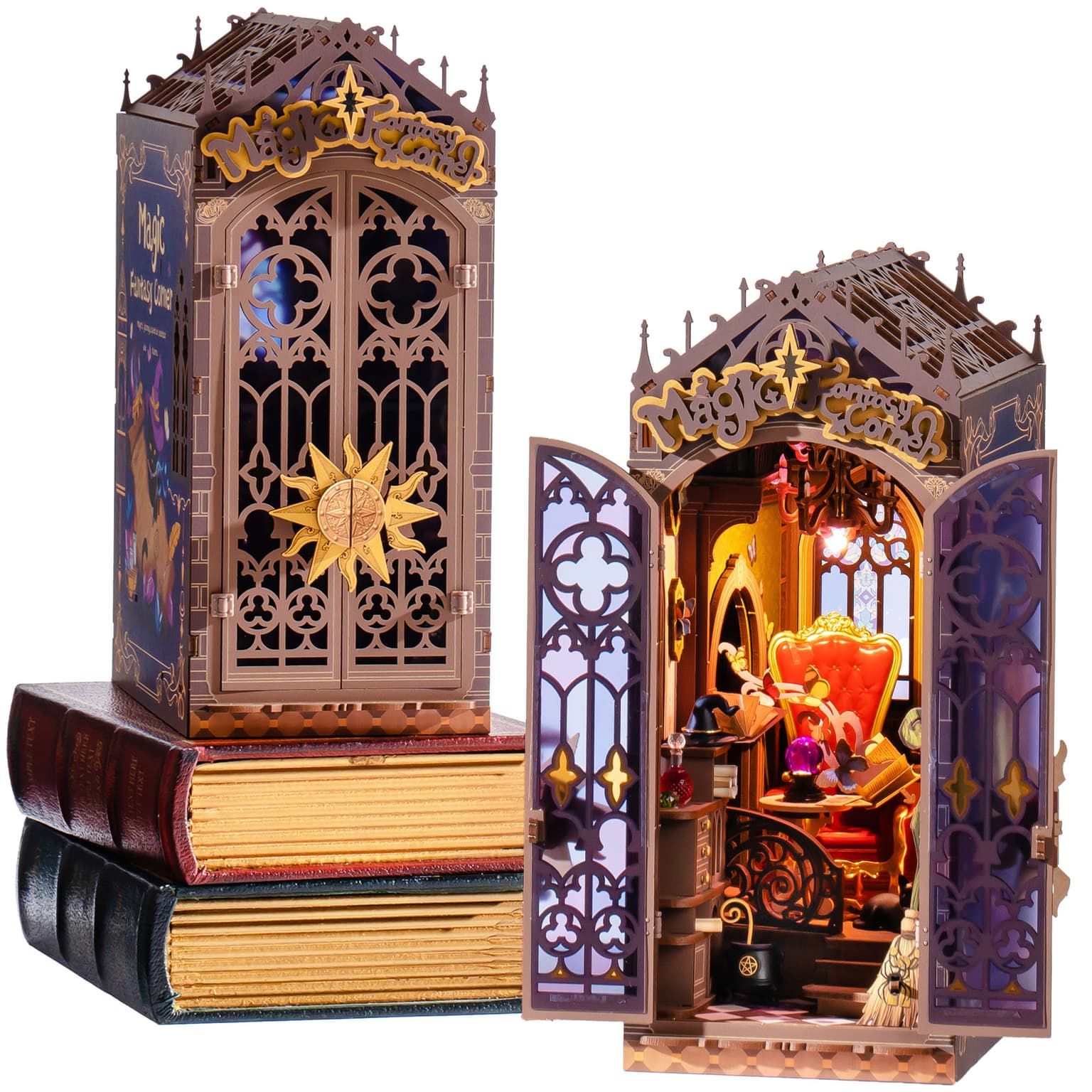 Rolife Magical Fantasy Corner Bookend Diy Set - 3d Wooden Miniature House, 3d Puzzle With Interactive Led Lights, 185 Pieces, Teen & Adult Bookshelf Decoration Gift