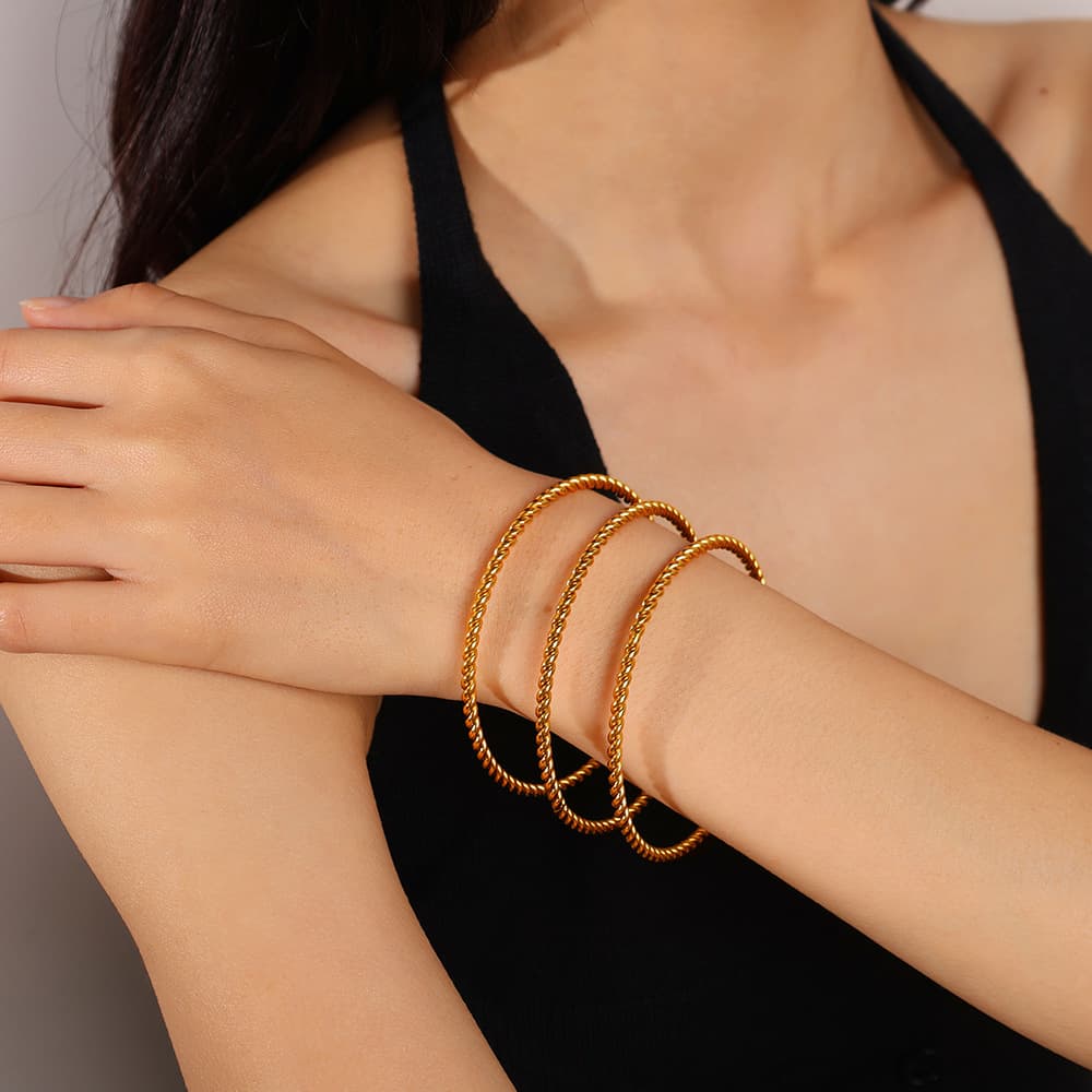 Fashionable And Simple Daily Bead Twist Design Bracelet, Stainless Steel With 18k Gold Plating, Open Bangle For Women