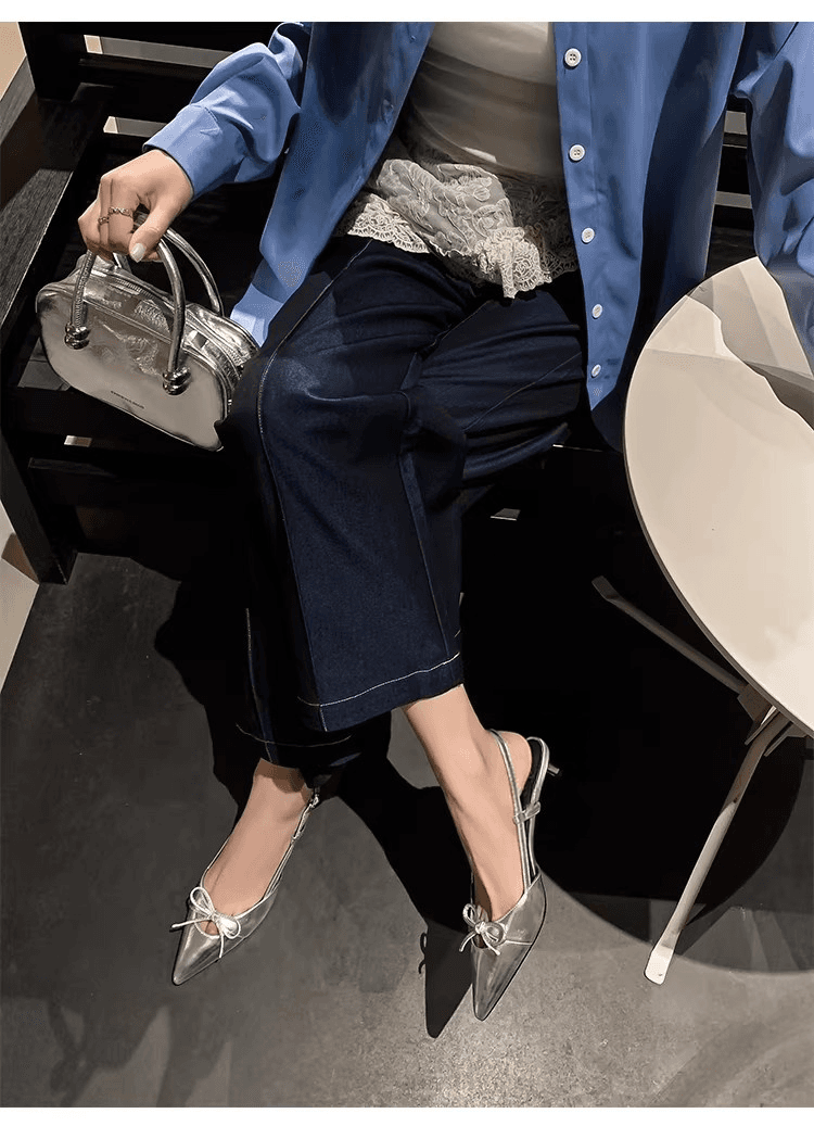 Women's Silver Pointed Toe Bow Slingback Pumps, 2024 Summer New Arrival, Closed Toe Low High Stiletto Heel Sandals