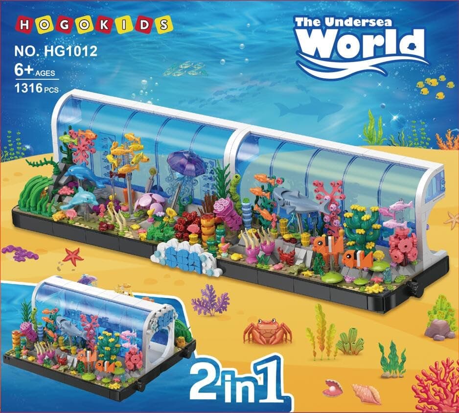Hogokids Aquarium Building Set - 2 Styles Oceanarium Construction Toy For Kids And Adults, Rotatable Underwater Tank Includes Dolphins, Crab, Fish, Jellyfish And Sea Animals