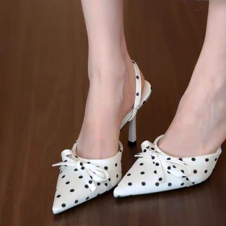 2026 Summer New Women's Polka Dot Pointed Toe High Heels, Bow Backless Mule Sandals, Slim Heel Closed Toe Slide Sandals For Women