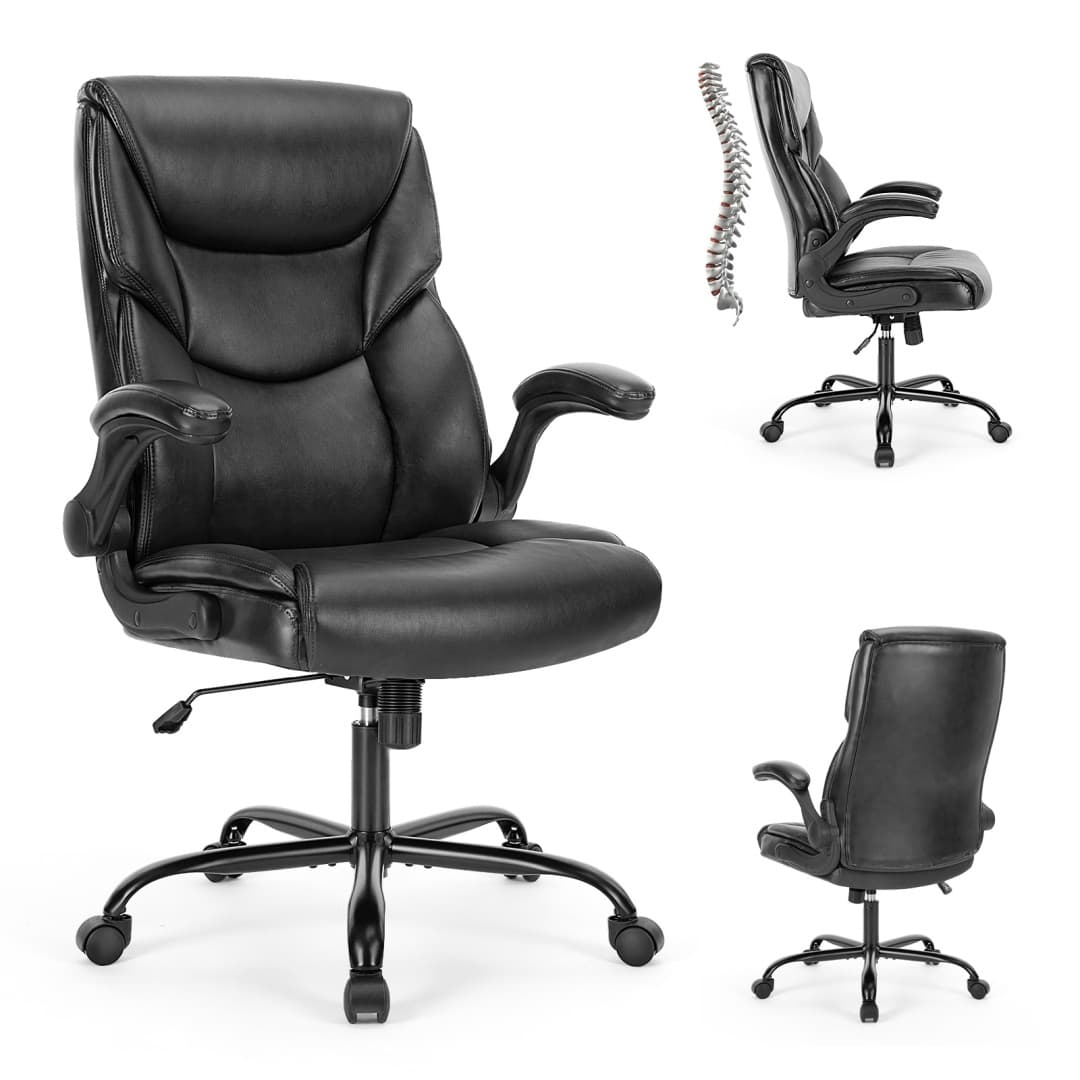 Pu Leather Office Chair With Adjustable Flip-up Armrest,lumbar Support, Strong Metal Base