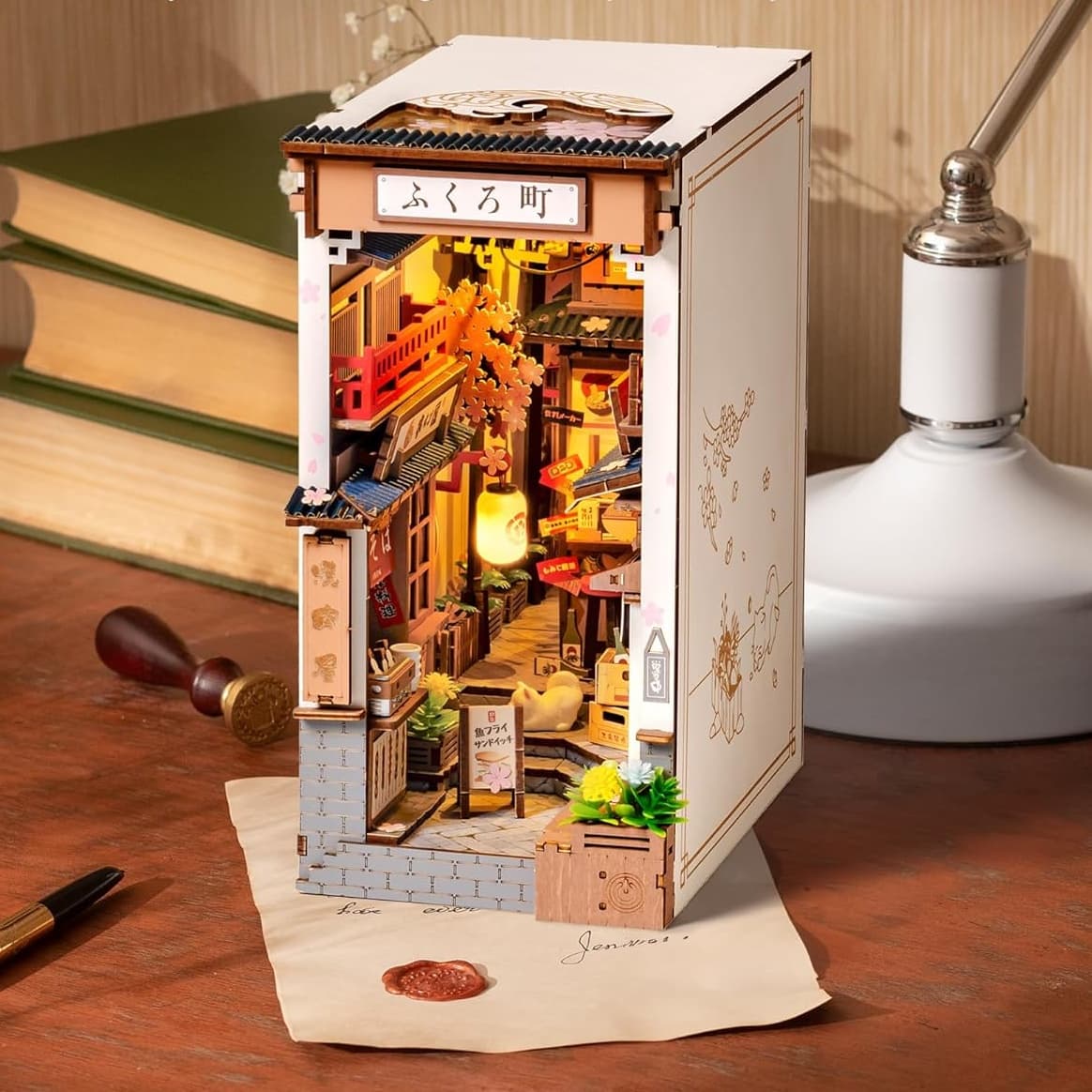 Rolife Cherry Blossom Sake Street Book Corner Set - 3d Wooden Miniature Model, Wooden 3d Puzzle Book Stand Toy With Led Lights, Diy Bookshelf Ornament, Home Decor, Gift For Adults And Teenagers