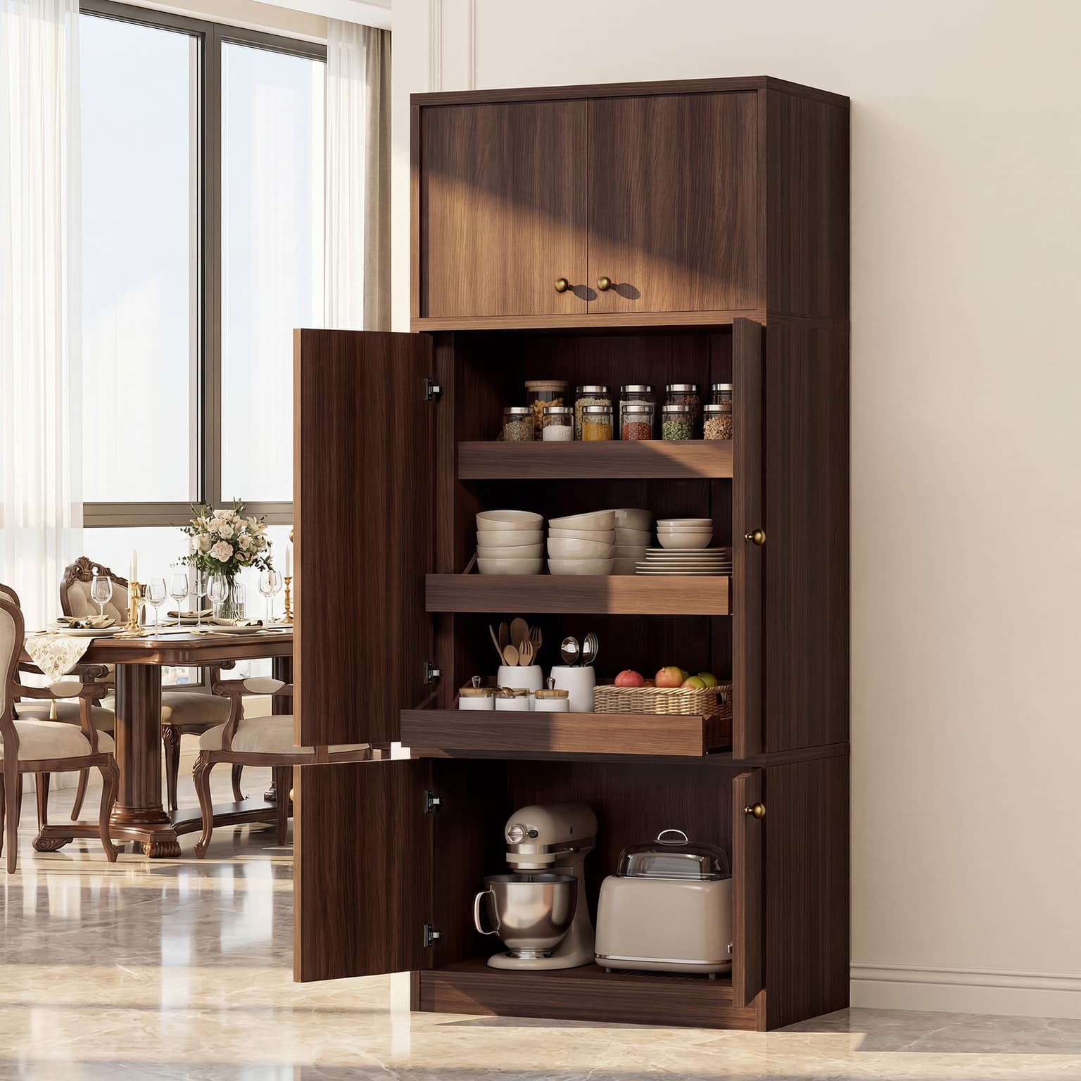 Tall Kitchen Pantry Cabinet 71 Inch Freestanding Storage Cabinet With Doors And Shelves, Adjustable Shelves, E1-Grade Wood, Walnut For Kitchen Pantry, Pantry Cabinets For Kitchen Storage