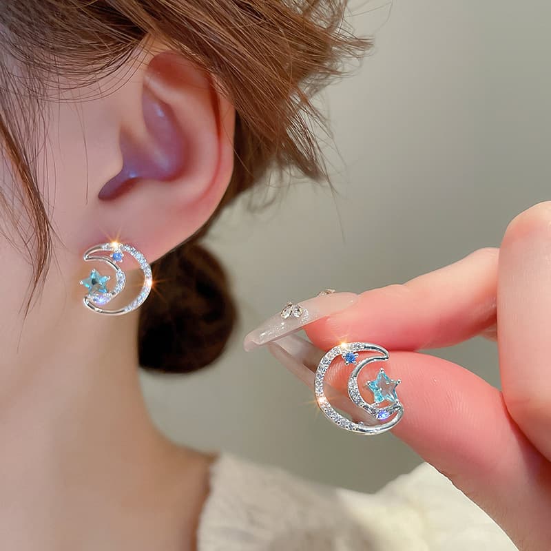 Moon Star Stud Earrings For Women Blue Zircon Crystal Earrings 925 Sterling Silver Needle Cute Celestial Jewelry