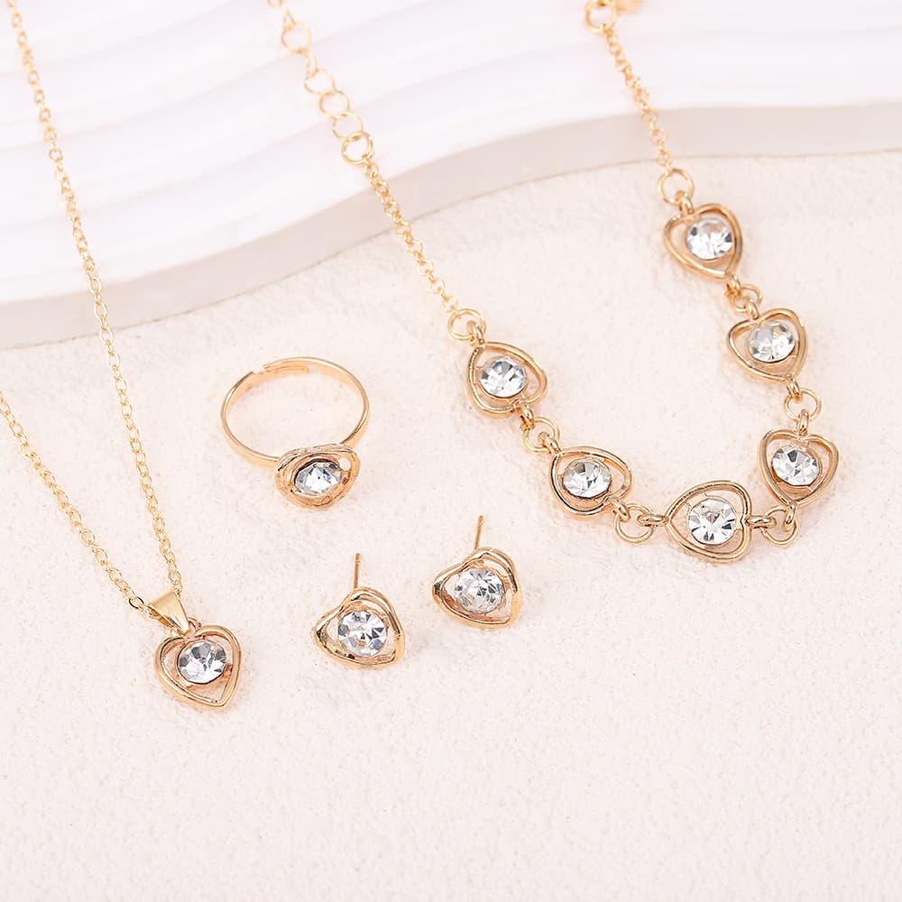 European And American-style Crystal Heart Charm Necklace Earrings Ring And Bracelet Four-piece Set