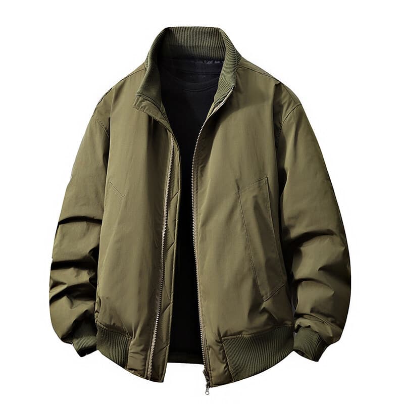 Solid-color Double-zipper Loose-fit Stand-up Collar Jacket Coat