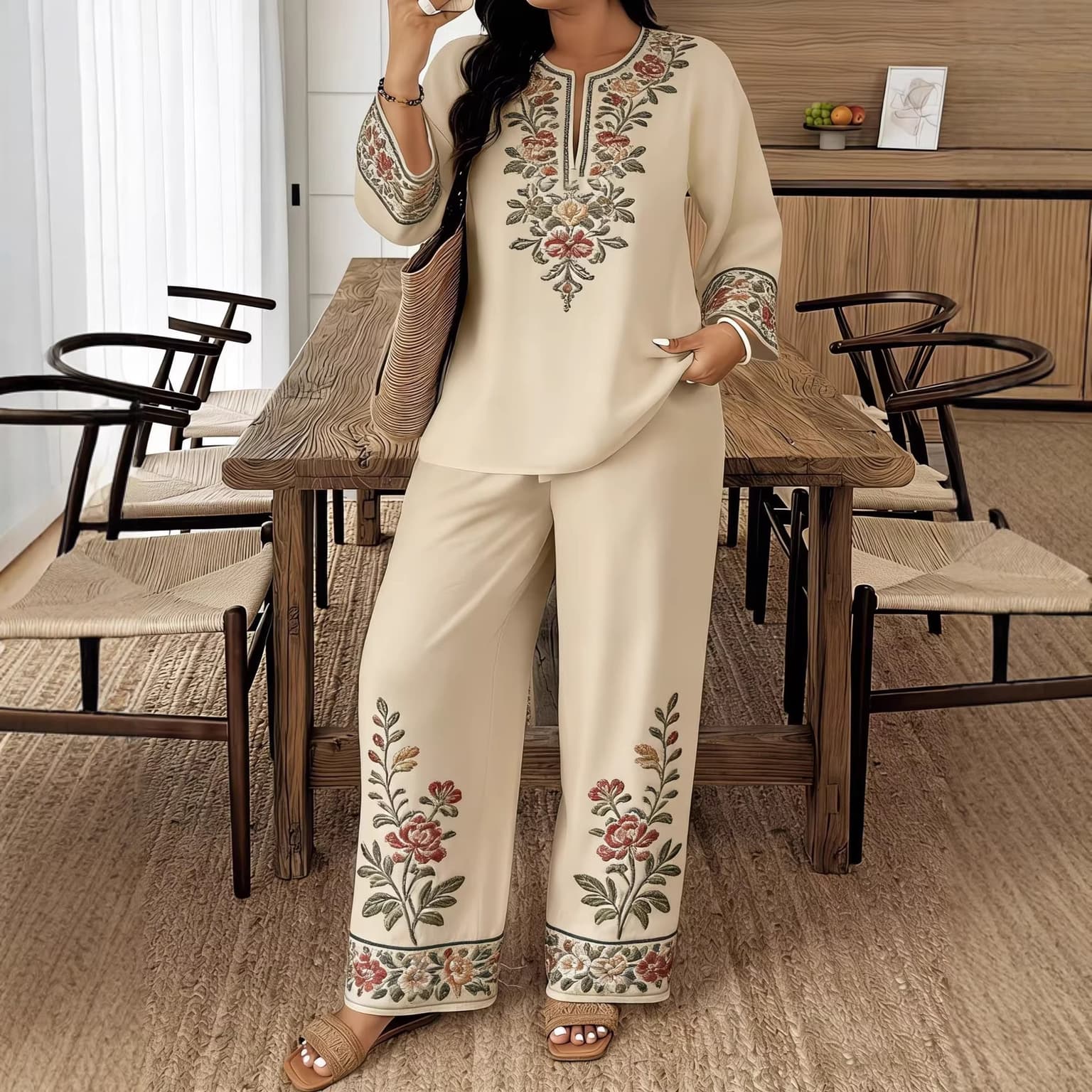 Long-sleeve Lace Floral Long-sleeve Ethnic-style Middle Eastern Set