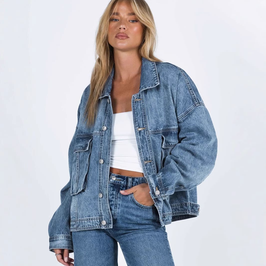 Versatile 3d Bag Design Retro Classic Loose-fit Denim Jacket