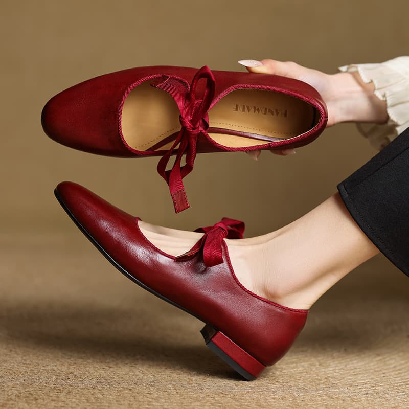 French-style Vintage Low-heeled Leather Shoes For Women Round Toe Low Cut